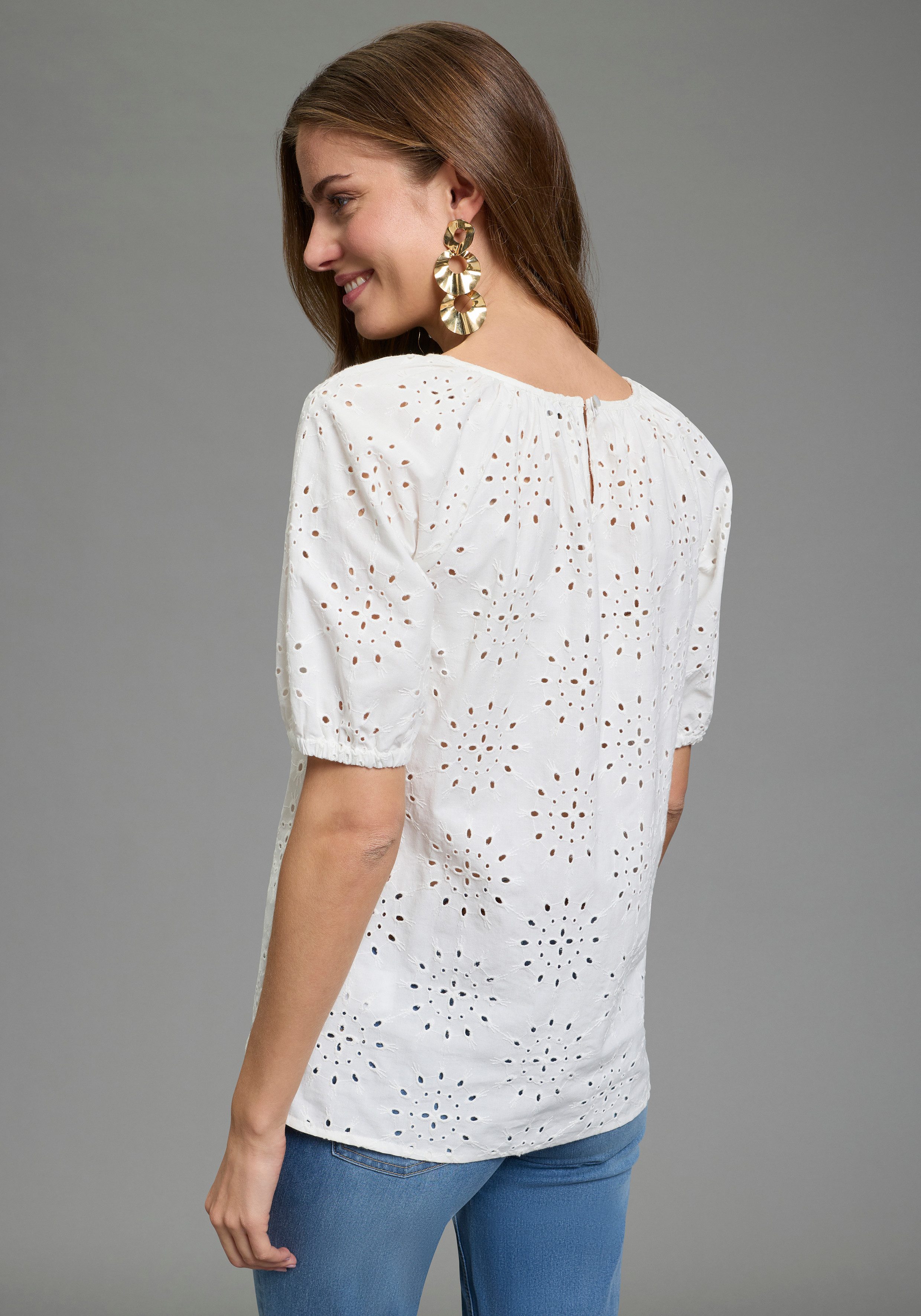 Laura Scott Schlupfbluse mit echter Lochstickerei, aus Baumwolle