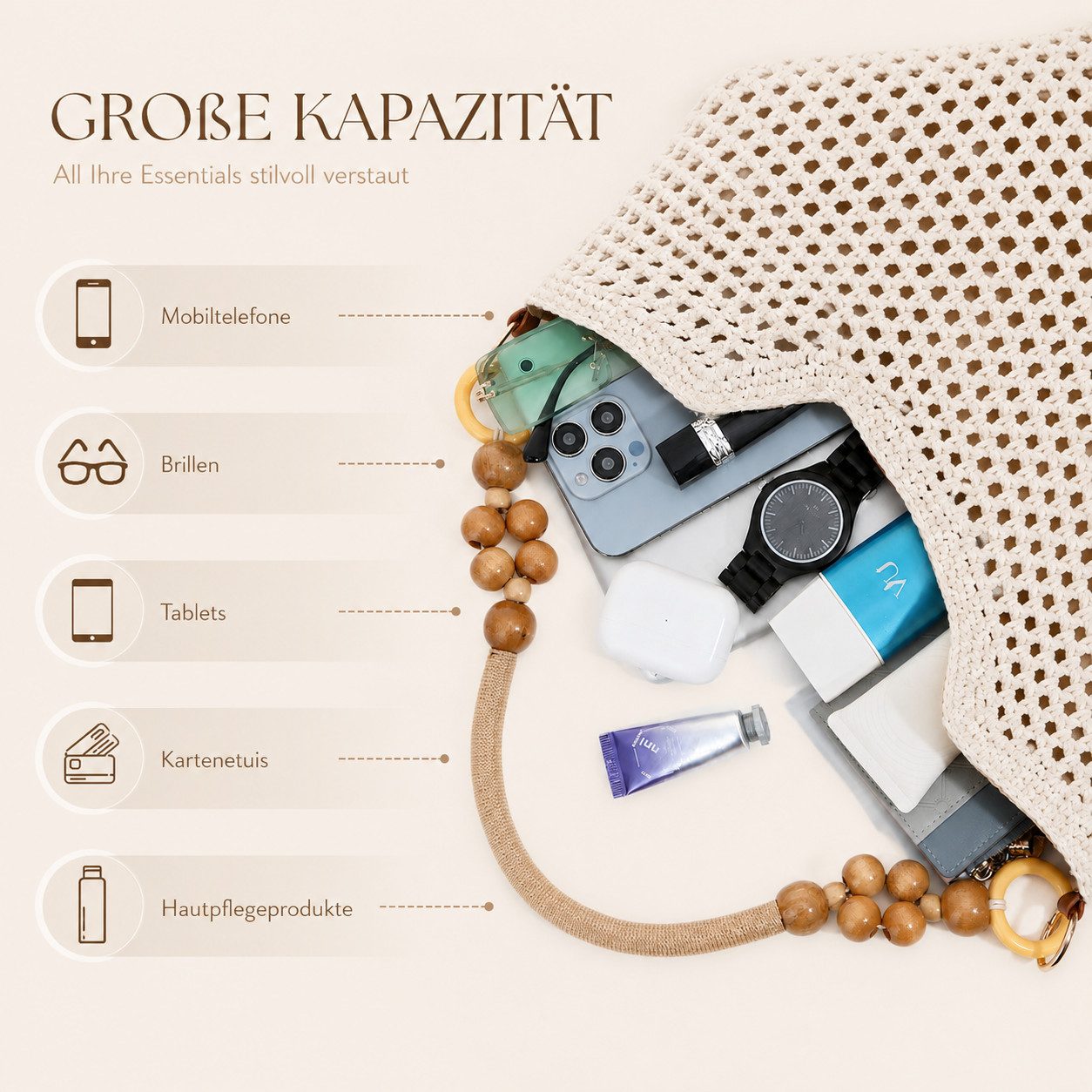 MOPUEA Strandtasche Damen-Umhängetasche, gehäkelt,Boho Straw Beach Bag, Achselhöhle (mit 2 abnehmbaren Trägern, Sommer-Umhängetasche, 1-tlg., Tragegriff oben für Reisen, für Shopping, Dating, Urlaub, Strand), große Kapazität, geeignet zum Tragen größerer Gegenstände