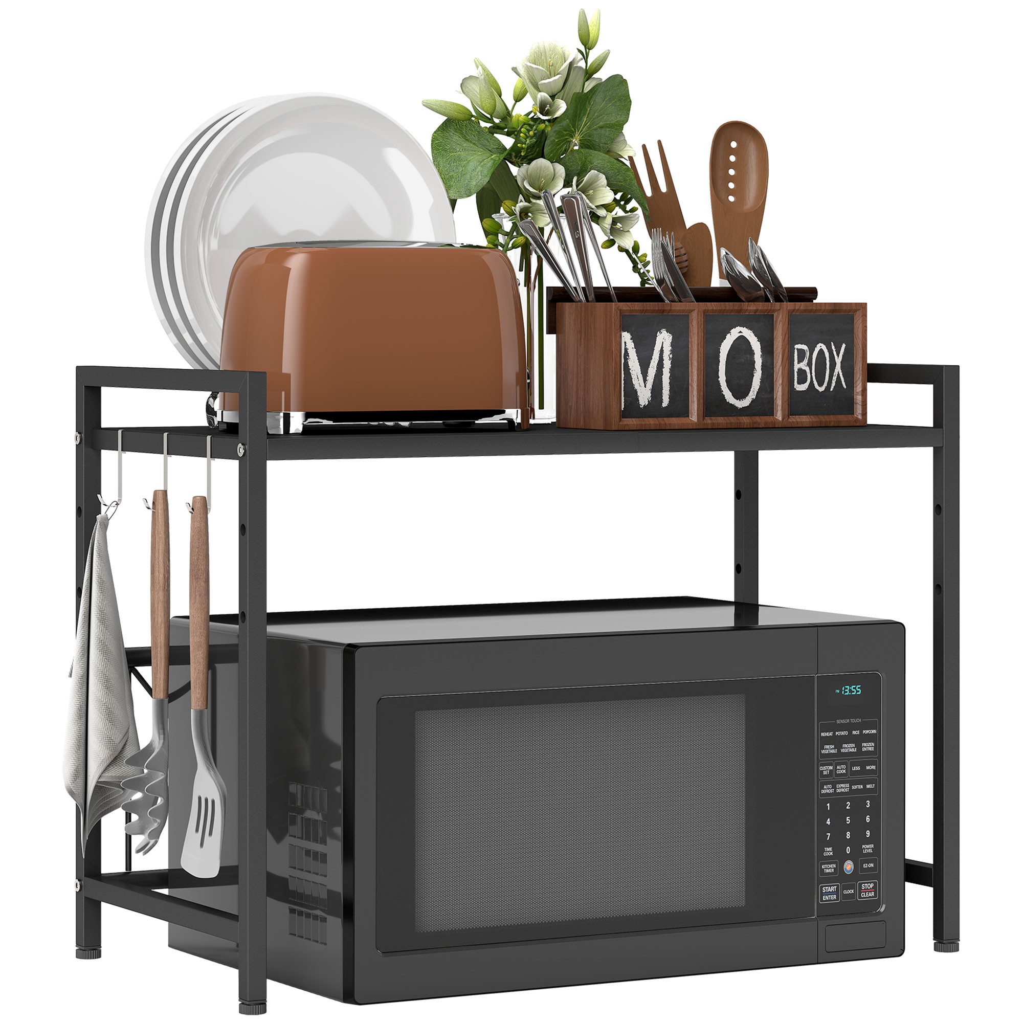 HOMCOM Küchenregal Mikrowellenregal 2-stufig mit 3 Haken Küchen Organizer, Mikrowellenhalter 1-tlg., aus Metall, Schwarz – Bild 2 von 5