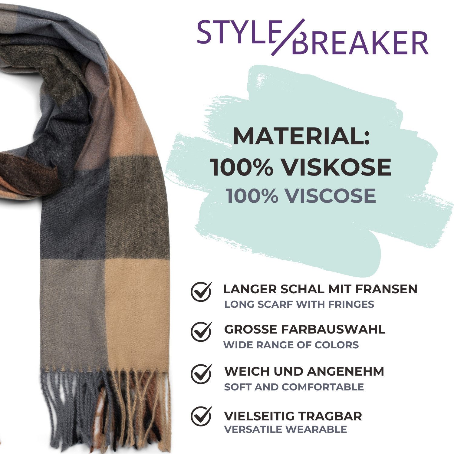 styleBREAKER Modeschal Weicher karierter Schal mit Fransen, (1-St) – Bild 5 von 5