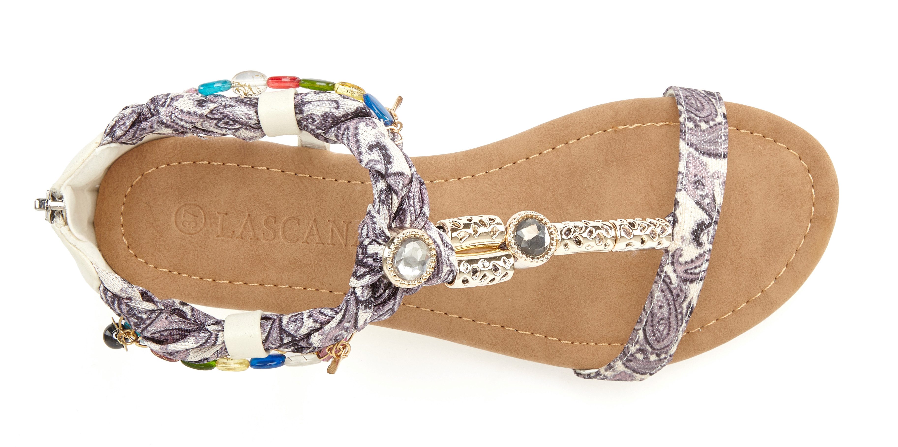 LASCANA Sommerschuh, Sandalette, offener Schuh, Sandale mit Schmuckkettchen und Schmucksteinen im Festival-Look VEGAN