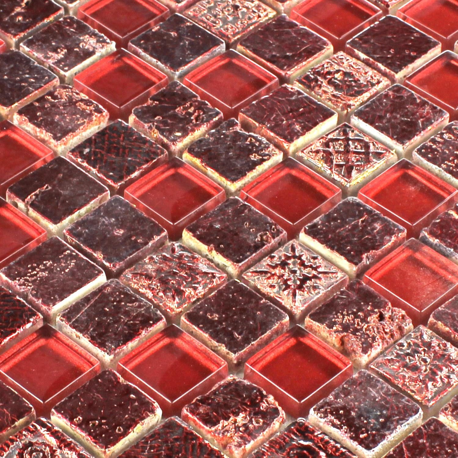 Mosafil Mosaikfliesen Glas Naturstein Mosaikfliesen Colicos, Naturstein-Resin-Glas 30.000x32.500, rot, Verlegefertig auf ein Netz geklebt