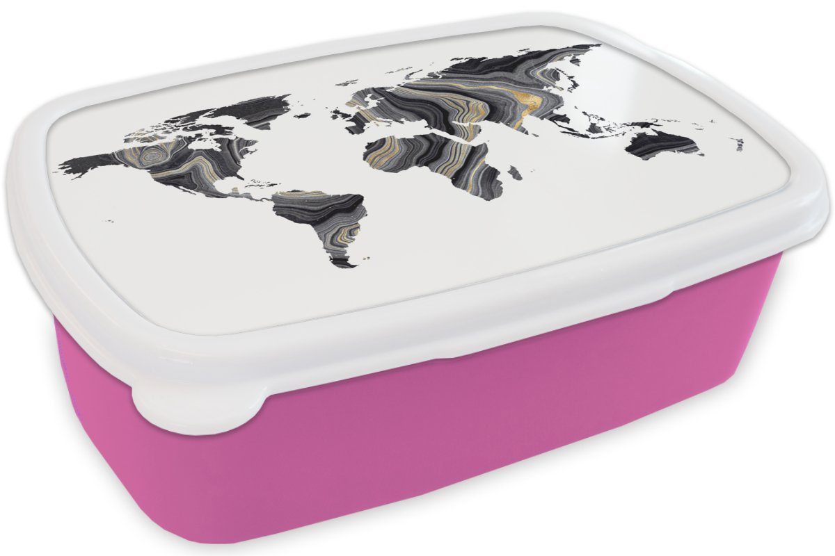 Kinder, Kunststoff, Farbe Brotdose Mädchen, Snackbox, - Brotbox Lunchbox MuchoWow - Gold, (2-tlg), rosa für Kunststoff Weltkarte Erwachsene,