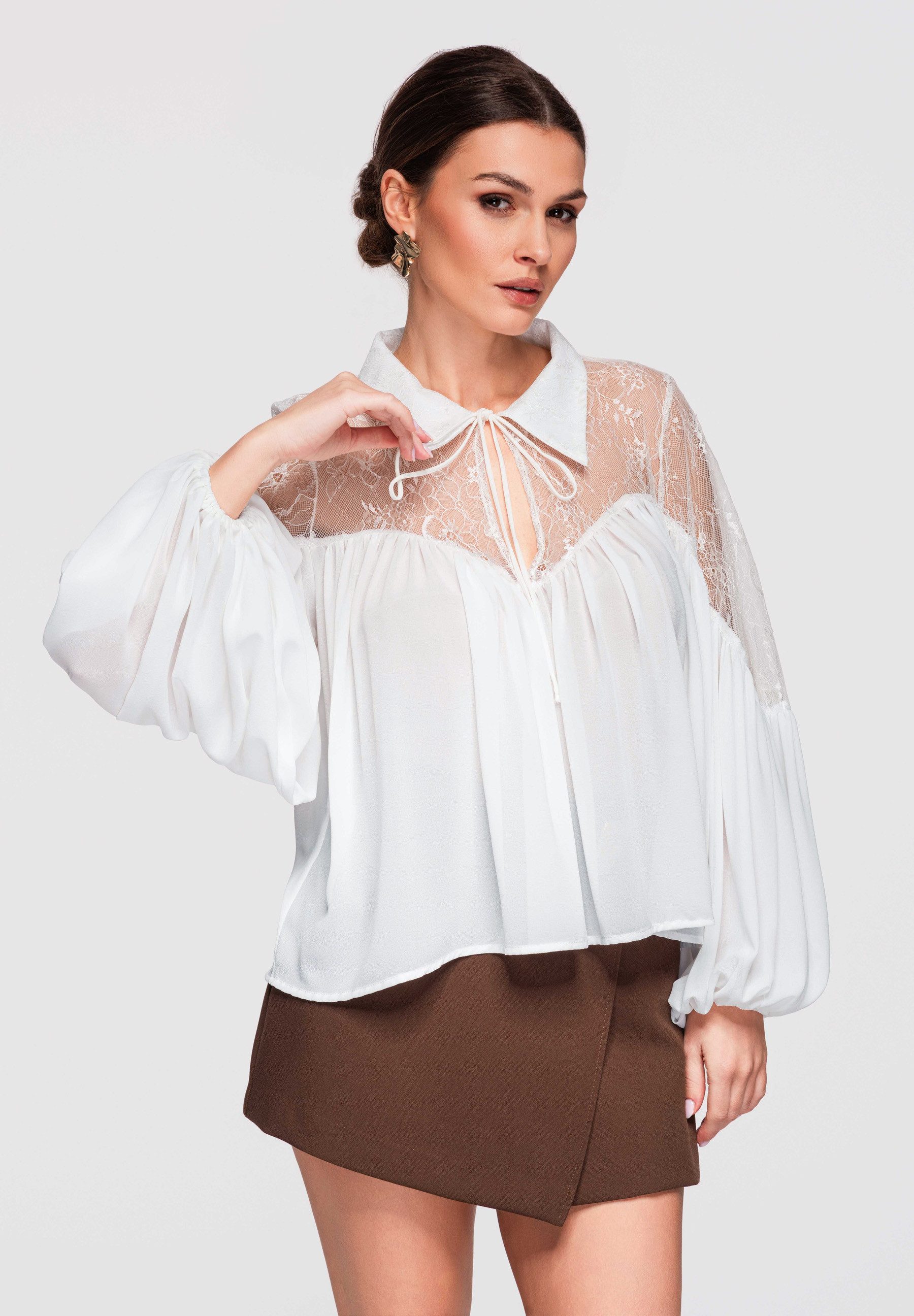 OMBRE Spitzenbluse Damenbluse mit Spitzenoberteil und locker fallender Silhouette
