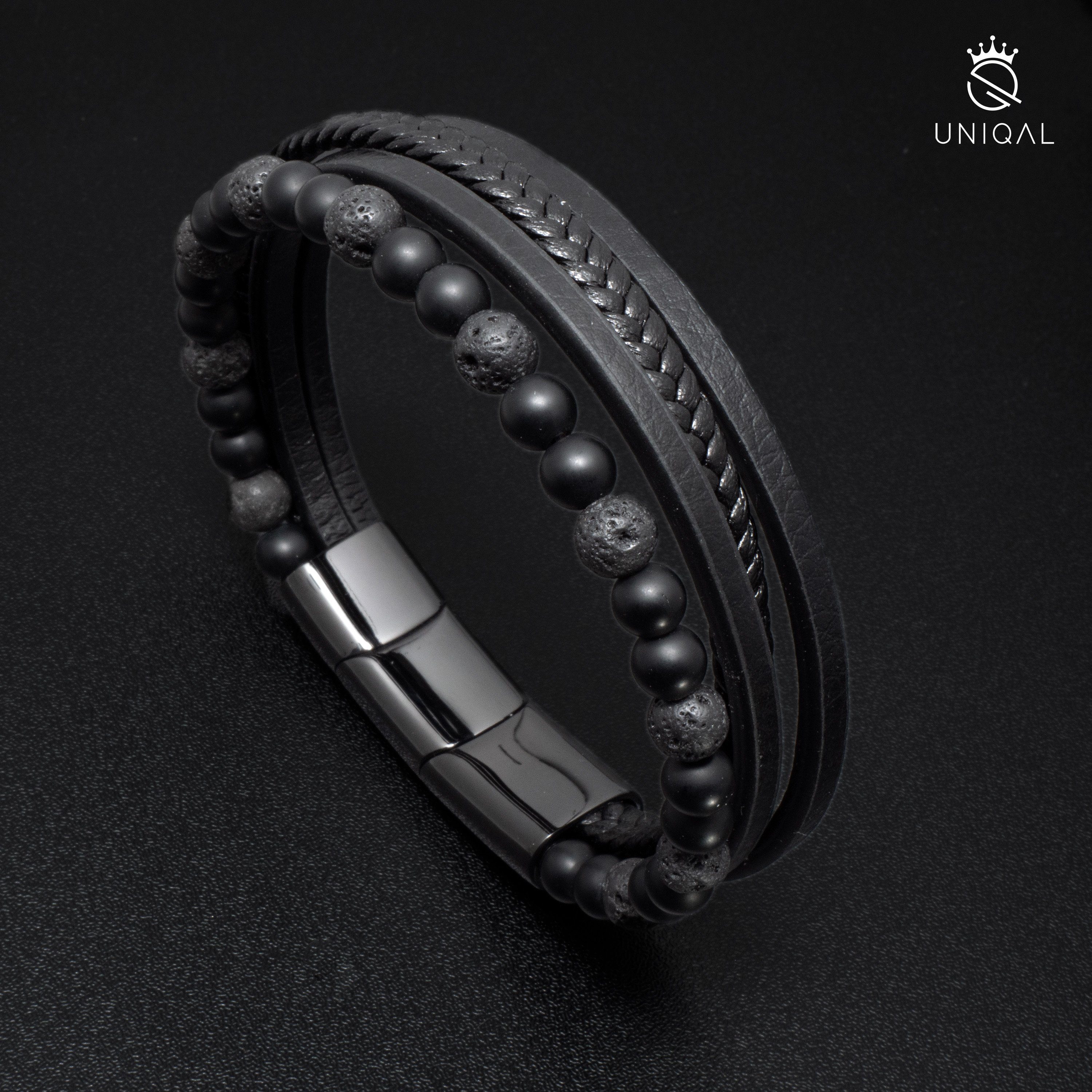 UNIQAL.de Lederarmband Lava Herren Schwarz Lederarmband "FANCY" Echtleder, Casual (Edelstahl, Geflochten Perlenarmband Naturstein Style, handgefertigt)