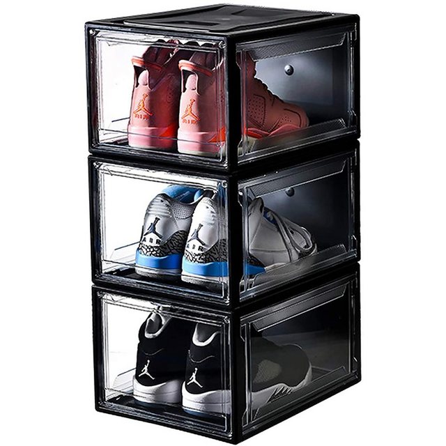 BeebeeRun Schuhbox “Schuhaufbewahrung transparent/schwarz Schuhkiste aus Stapelbar Kunststoff, 3er Set, Faltbare Schuhkarton für Schuhe Sneaker Stöckelschuhe, Kunststoffboxen, Schuhregal, einfach zu montieren”
