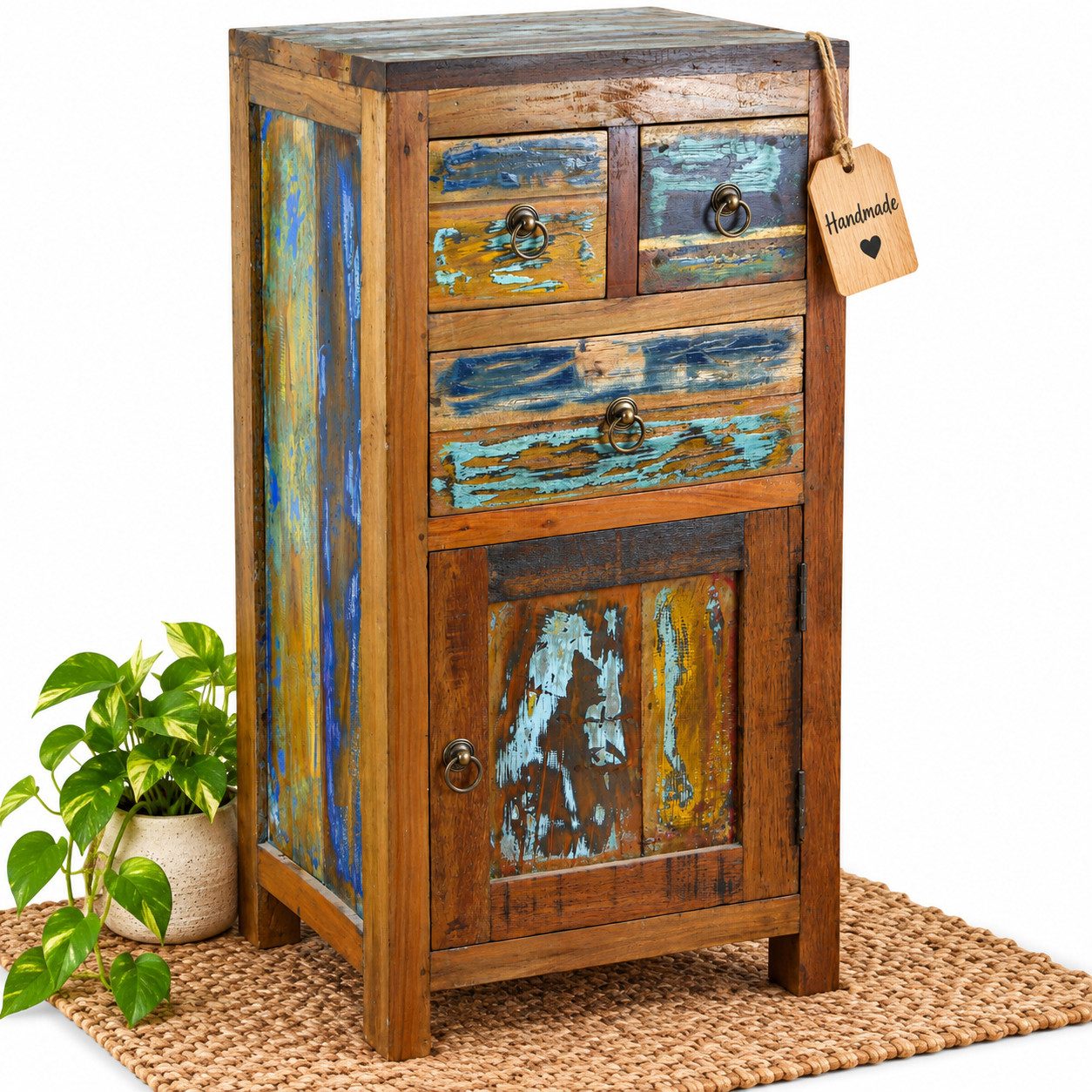 livasia Nachtschrank Teakholz aus Java - 45x40x93cm - recyceltes buntes Bootsholz handgefertigt