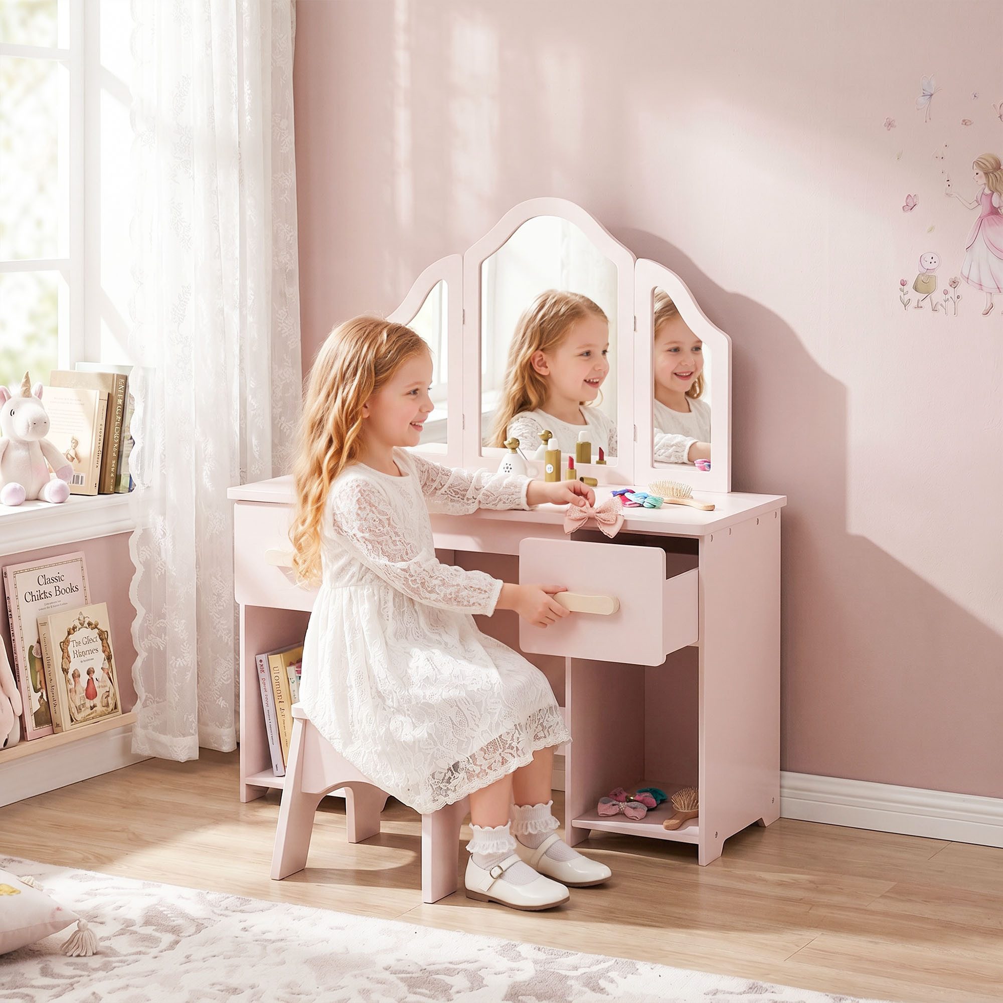 AIYAPLAY Schminktisch mit Abnehmbarem 3-Fach-Spiegel 2 Schubladen 2 Schränken (2 in 1 Kinderschminktisch, 1-St., Schminktisch mit Hocker), für Mädchen ab 3 Rosa