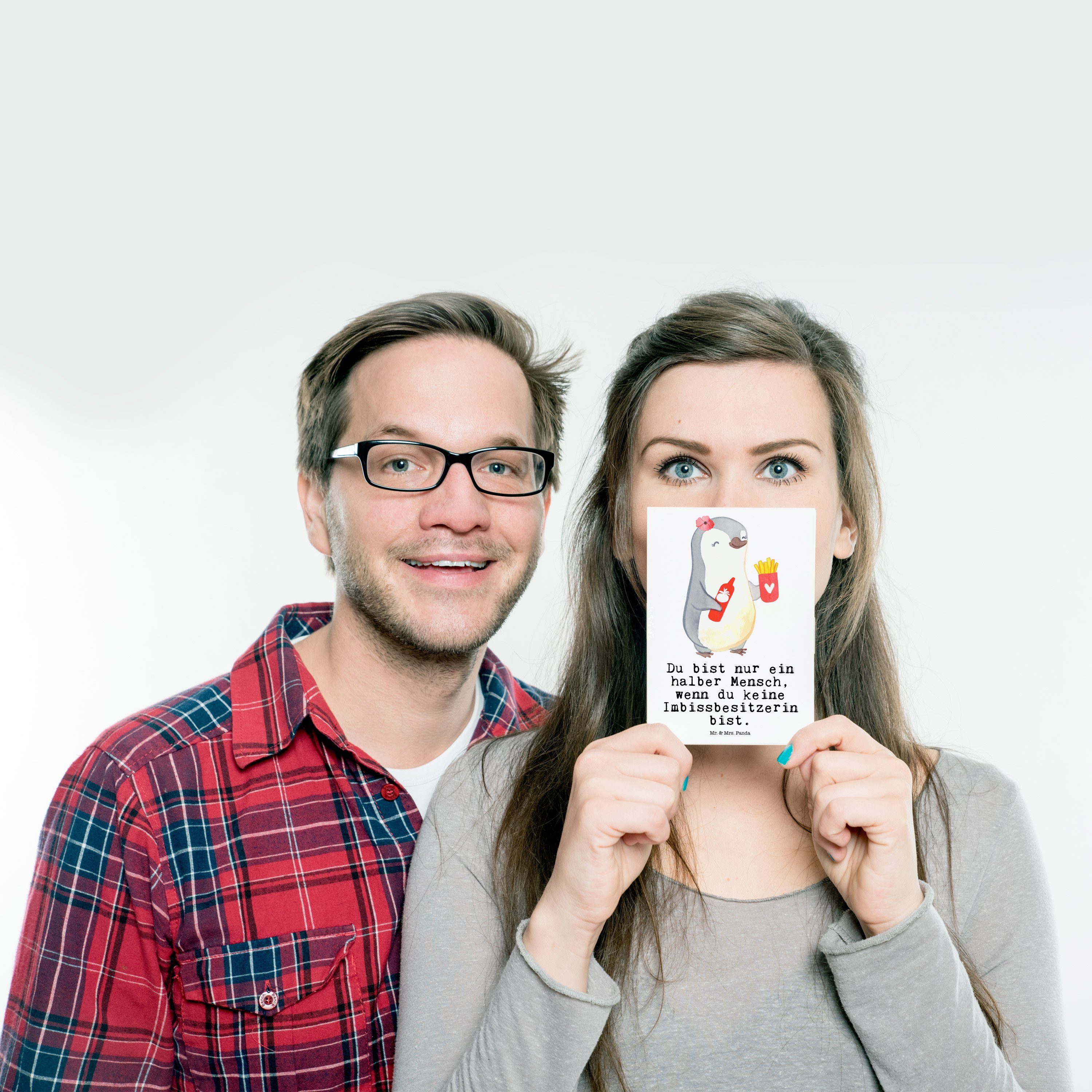 Mr. & Mrs. Panda Postkarte mit Herz Weiß Imbissbesitzerin - Imibissverkäuferin, Gebu Geschenk, 