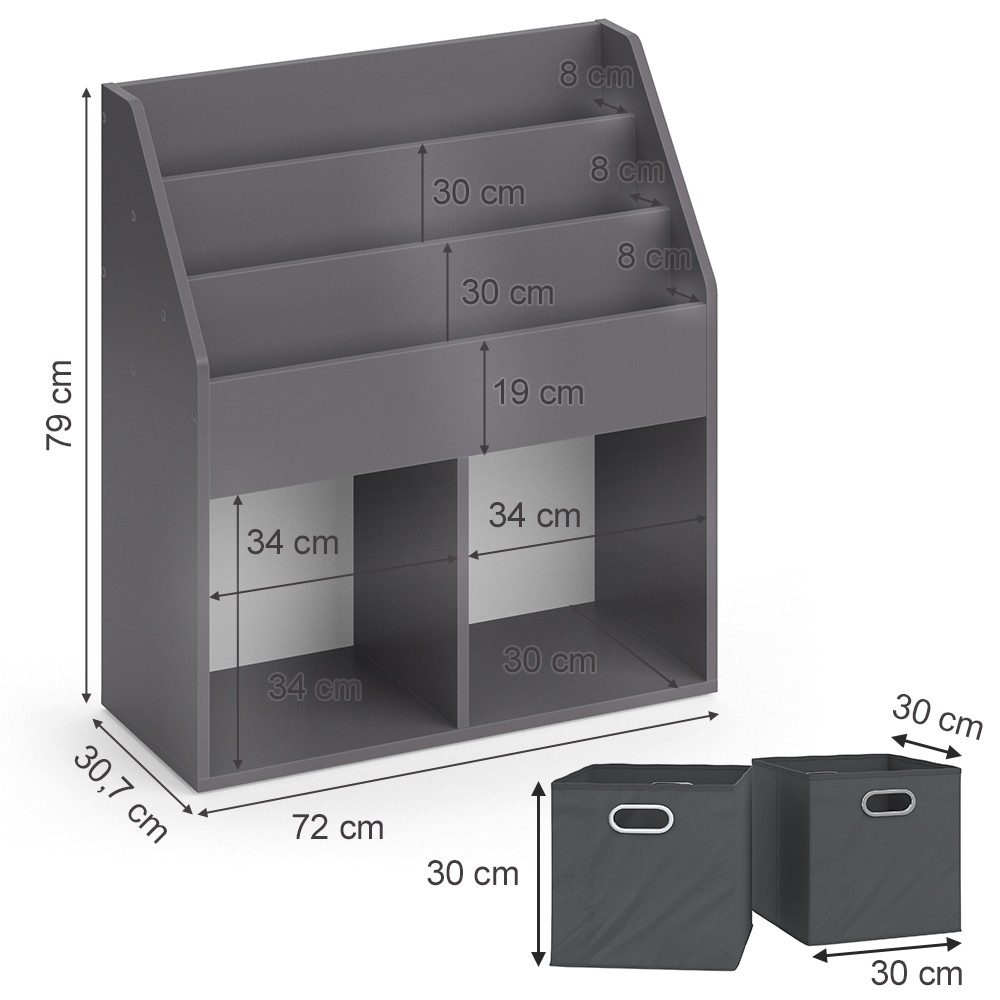 Vicco Bücherregal Luigi, Grau, 72 x 79 cm mit 2 Faltboxen opt.1, 1-tlg.