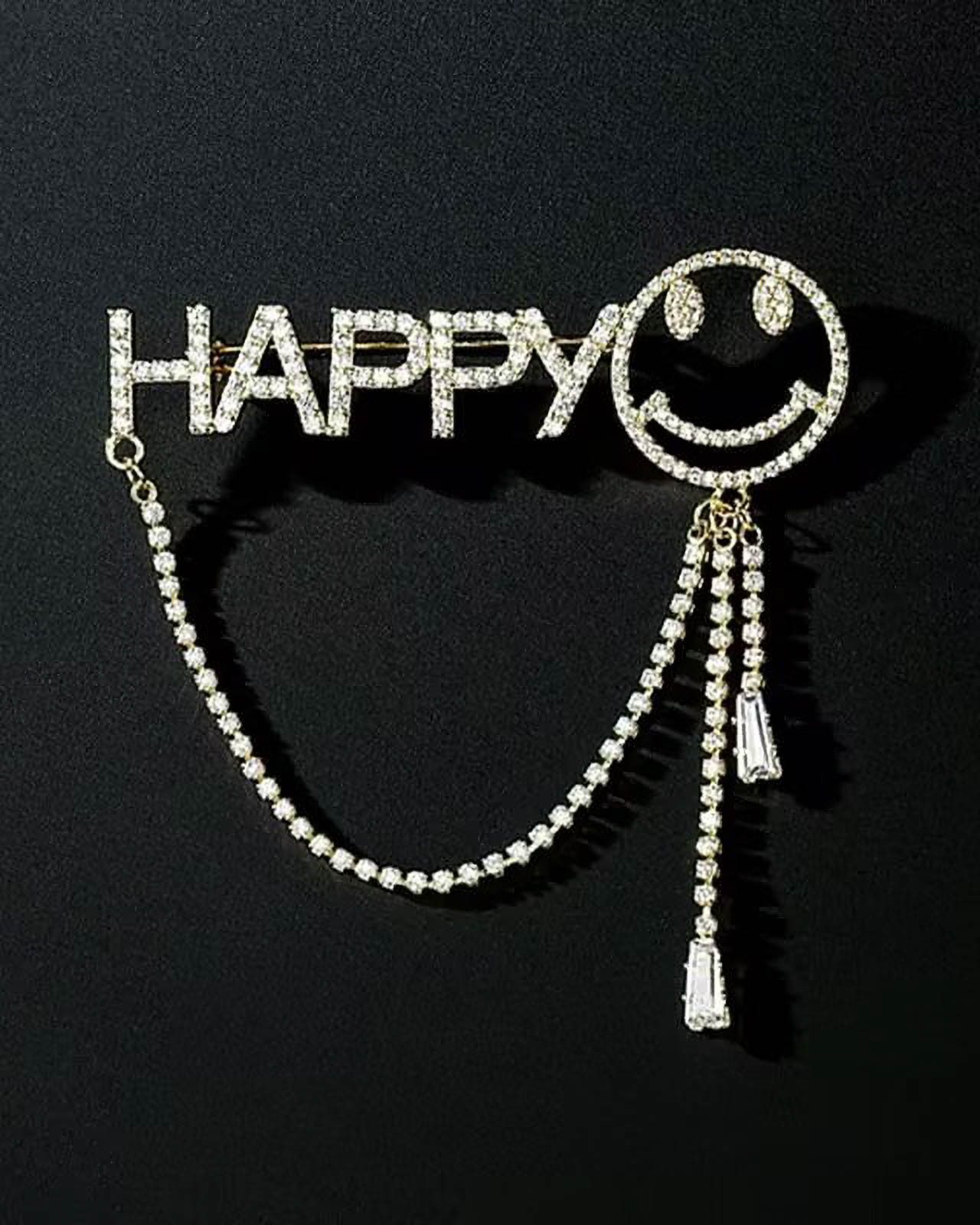 MayTree Brosche "HAPPY", mit Strass-Stein Kette (Stück, 1-tlg), Metallbrosche Buchstaben HAPPY, Smiley und Kette, Strass-Steine