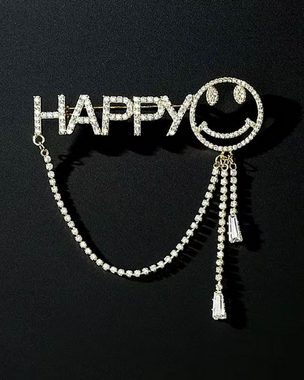 MayTree Brosche "HAPPY", mit Strass-Stein Kette (Stück), Metallbrosche Buchstaben HAPPY, Smiley und Kette, Strass-Steine