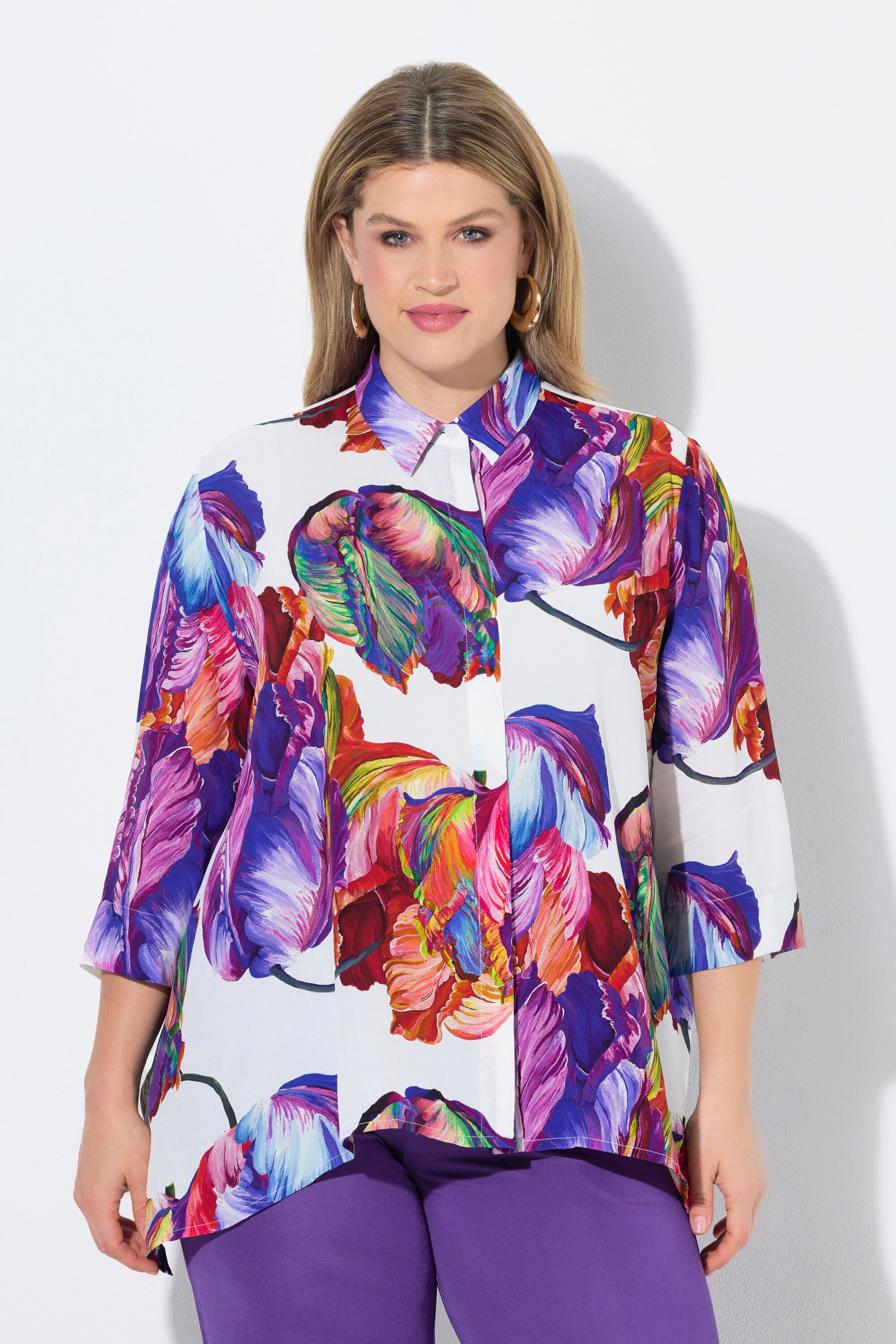 Ulla Popken Hemdbluse Bluse Aquarell-Design A-Linie Hemdkragen 3/4-Arm