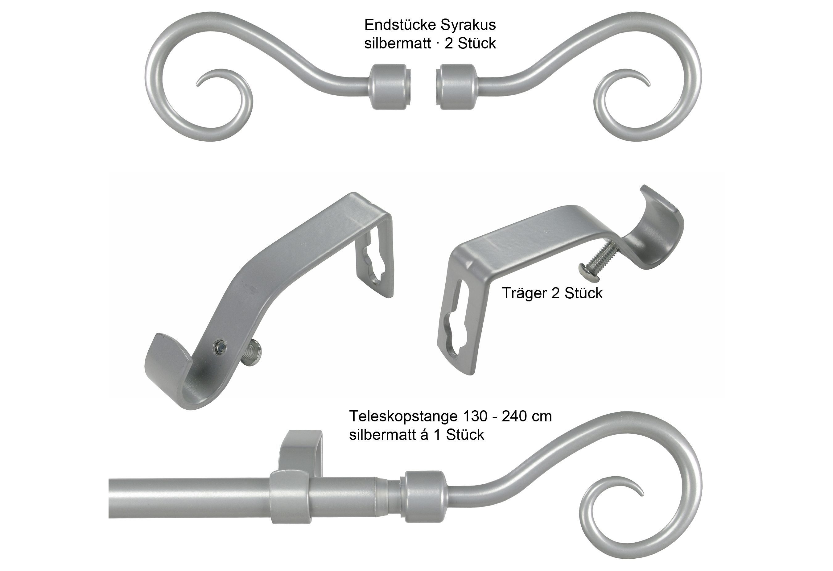 Gardinenstange Syrakus 16 mm, mattsilberfarben 16 Ø verschraubt mm, ausziehbar, mit 1-läufig, Liedeco, Ã˜ Bohren