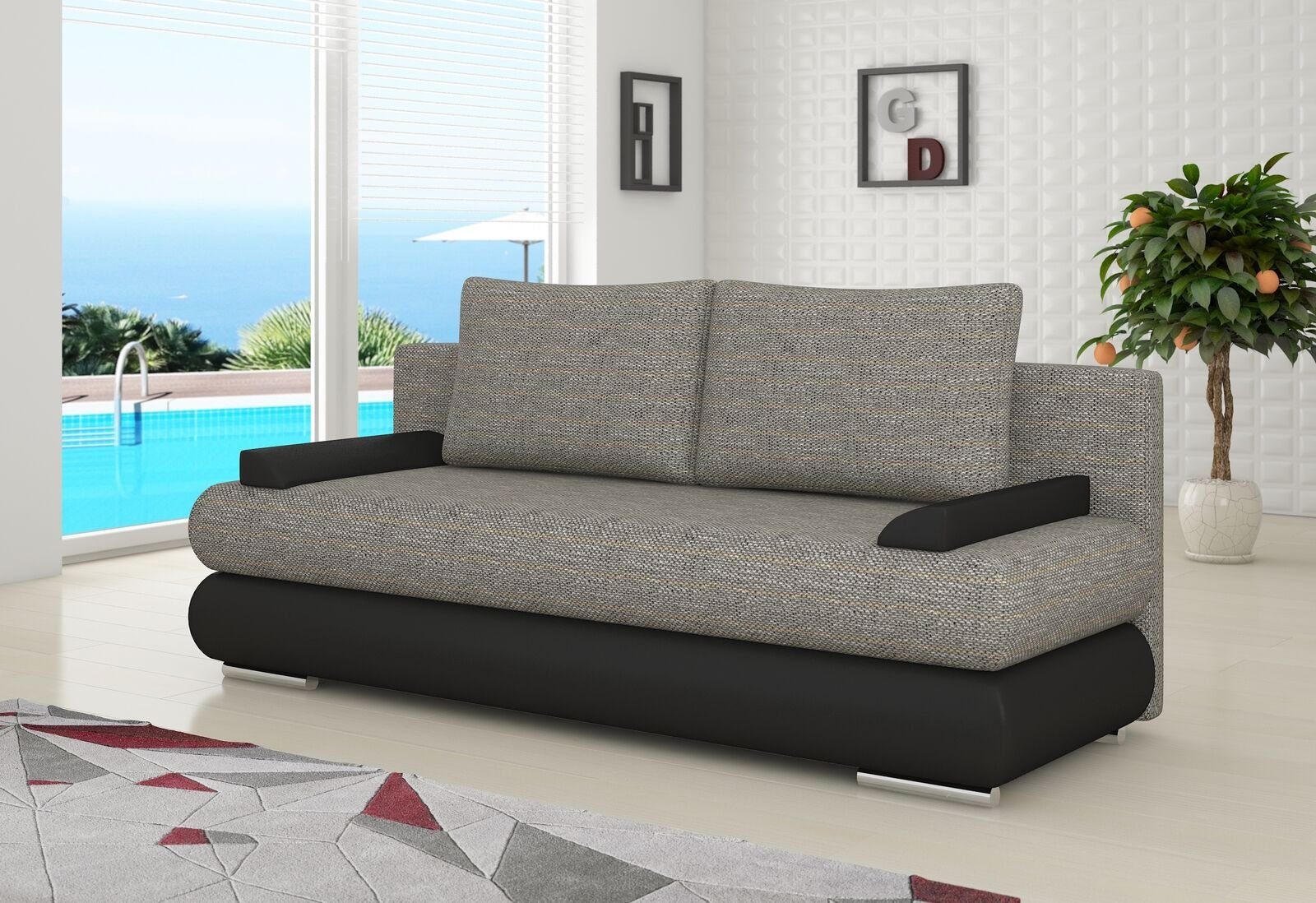 JVmoebel Sofa, Design Schlafsofa Couch Polster 3 Sitzer Stoff Couch Gästezimmer Hellgrau / Schwarz