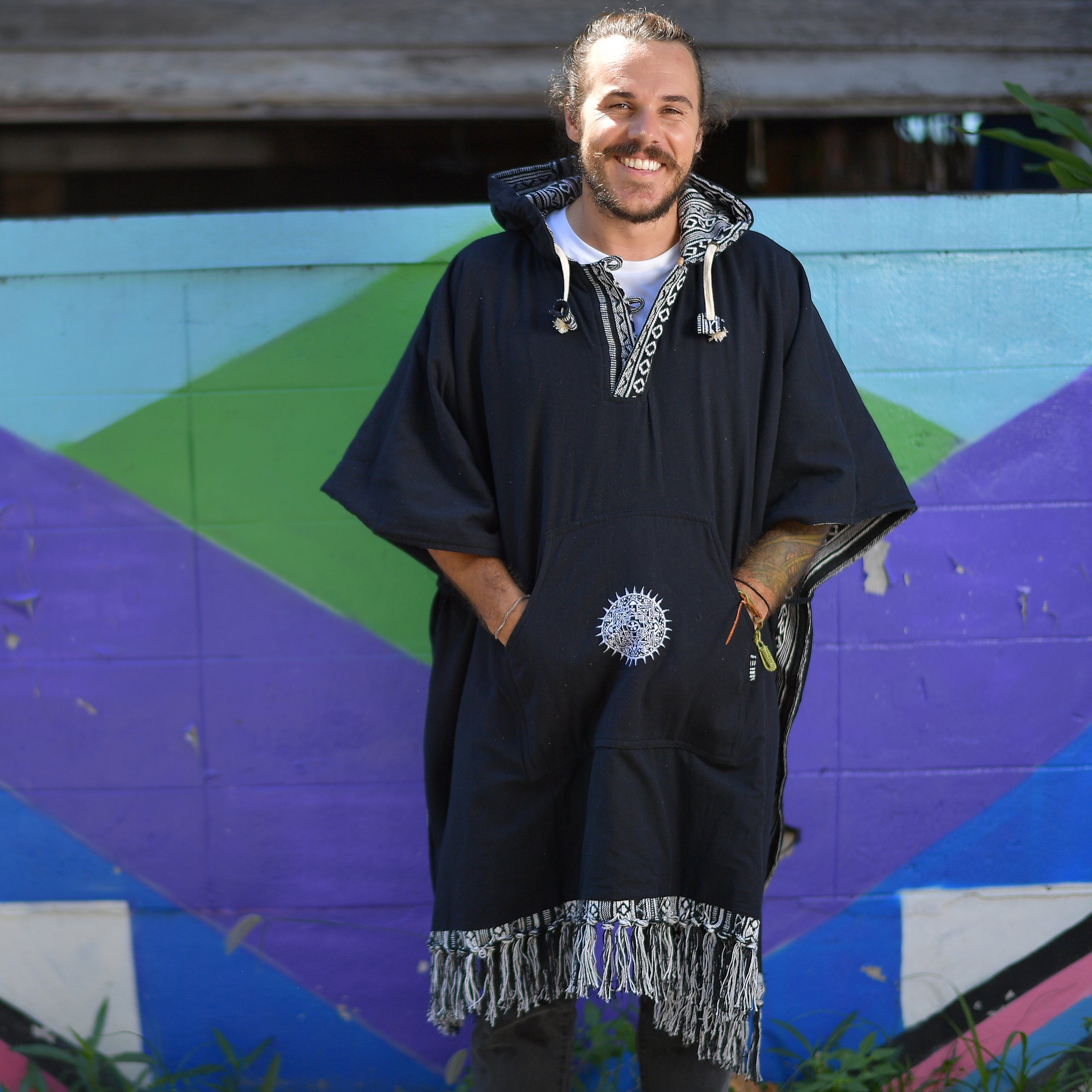 virblatt Poncho Herren & Poncho Damen, Baumwolle, Poncho Winter Jerga Hoodie Mexican zum Wenden