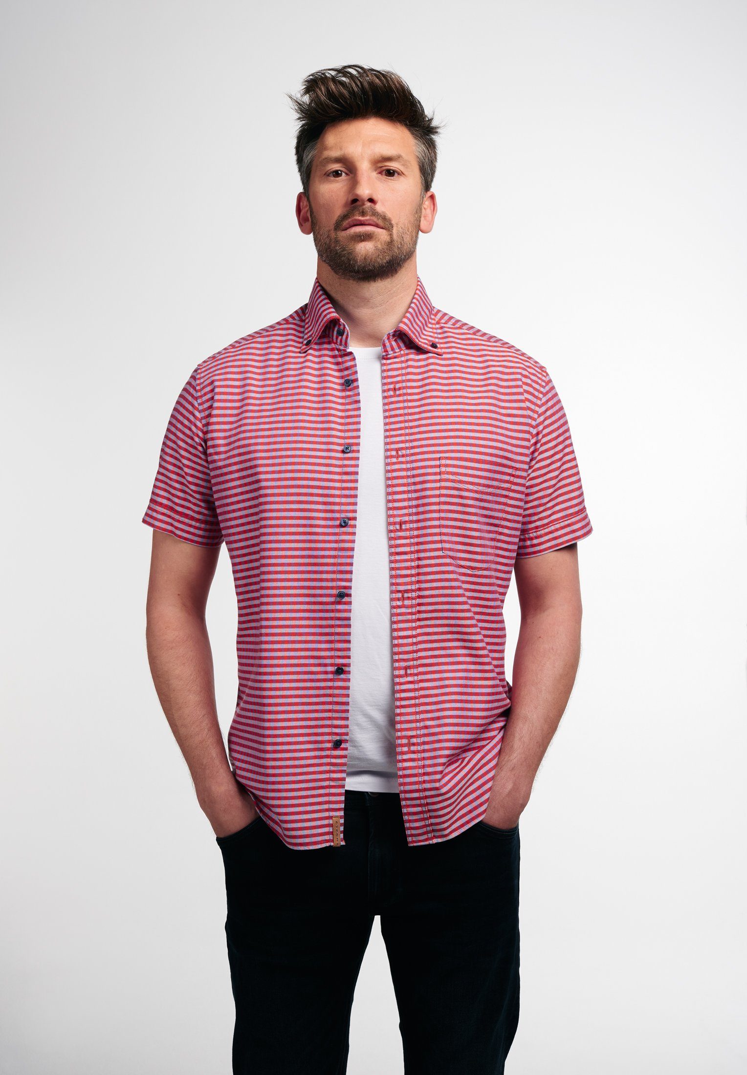 Eterna Businesshemd ETERNA REGULAR FIT UPCYCLING SHIRT Kurzarm Hemd oxford orange-blau