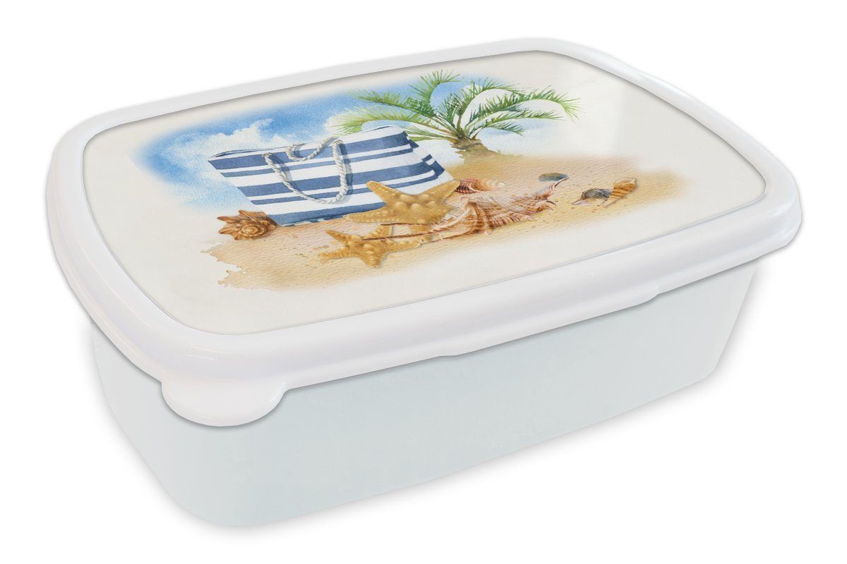 MuchoWow Lunchbox Palme - Tasche - Muscheln, Kunststoff, (2-tlg), Brotbox für Kinder und Erwachsene, Brotdose, für Jungs und Mädchen weiß