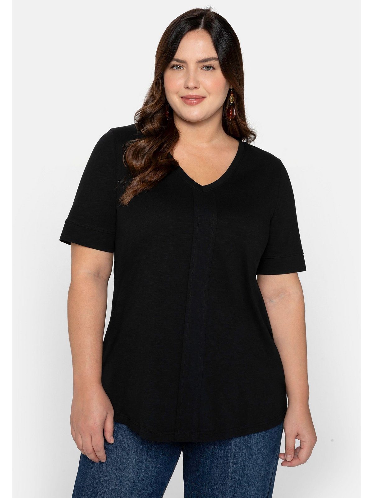 Sheego T-Shirt Große Größen mit dekorativer Falte vorne schwarz