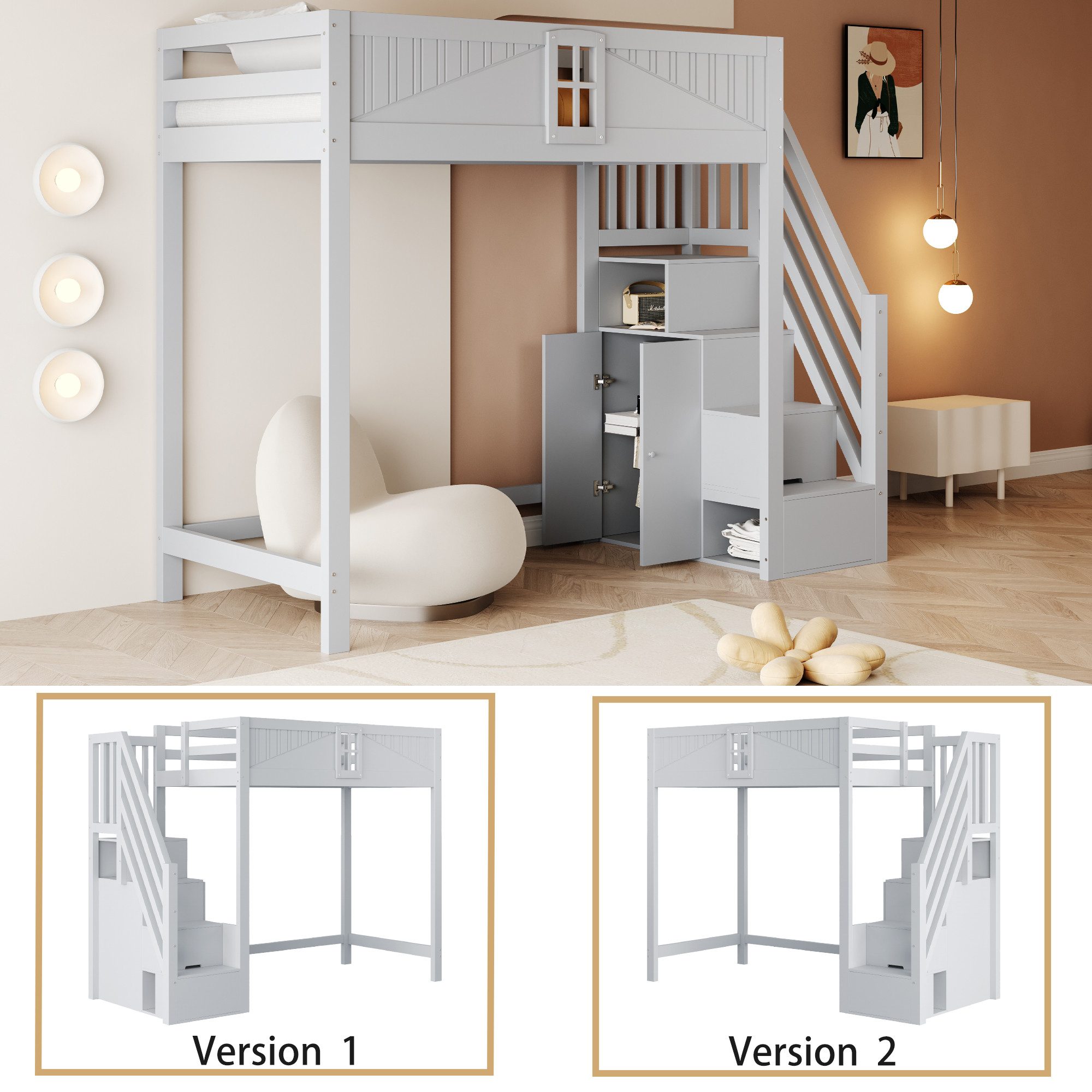 Flieks Hochbett Kinderbett 90x200cm mit Stauraumtreppe (Links und Rechts Austauschbar) – Bild 4 von 5