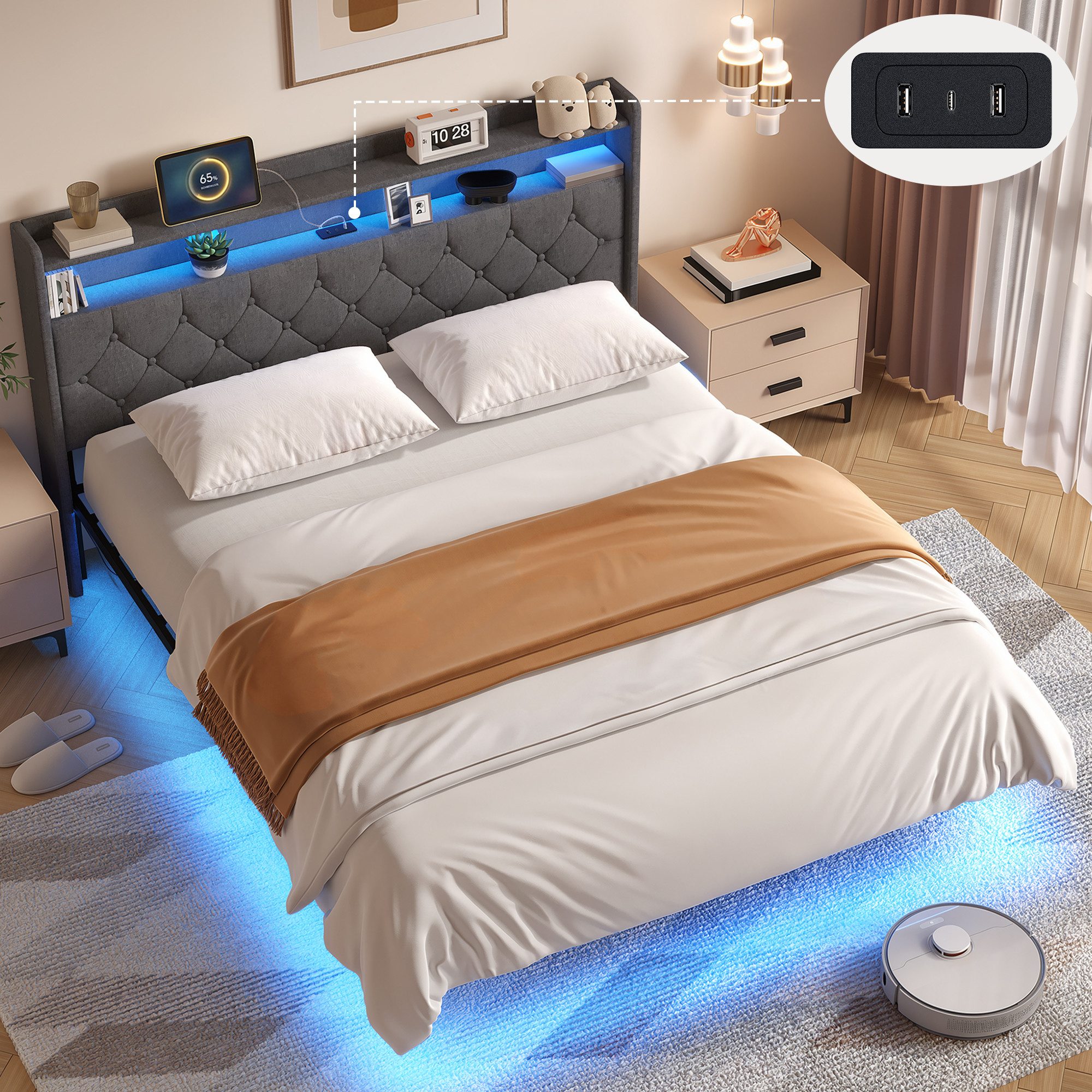 Bealife Polsterbett Bettrahmen mit Ladestation und LED-Beleuchtung, 140/160x200 (2 Modelle (140x200, 160x200), Mit gepolstertem Kopfteil