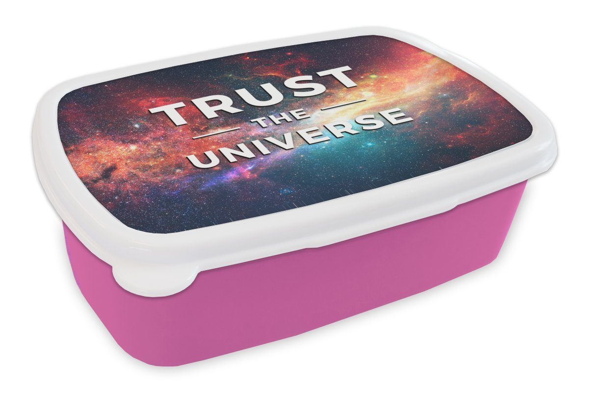 MuchoWow Lunchbox Vertraue dem Universum" - Zitate - Sprichwörter - Jungen - Mädchen -, Kunststoff, (2-tlg), Brotbox für Erwachsene, Brotdose Kinder, Snackbox, Mädchen, Kunststoff rosa