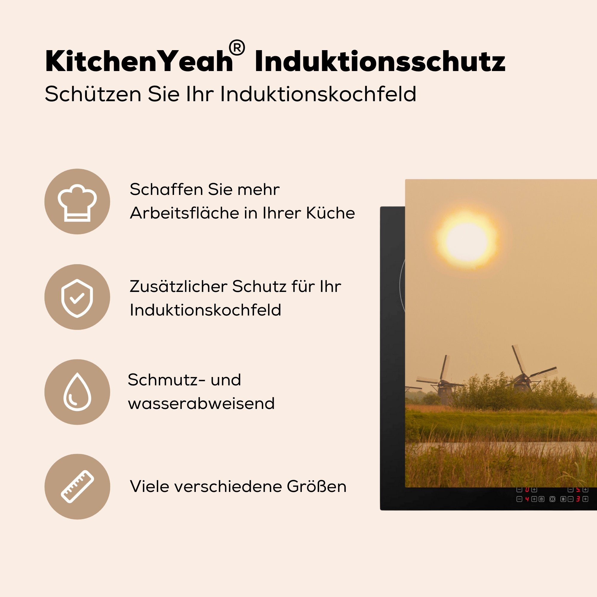 Sonne Mühle küche, Schutz Niederlande, Herdblende-/Abdeckplatte - Ceranfeldabdeckung (1 cm, für tlg), die - 81x52 MuchoWow Vinyl, Induktionskochfeld