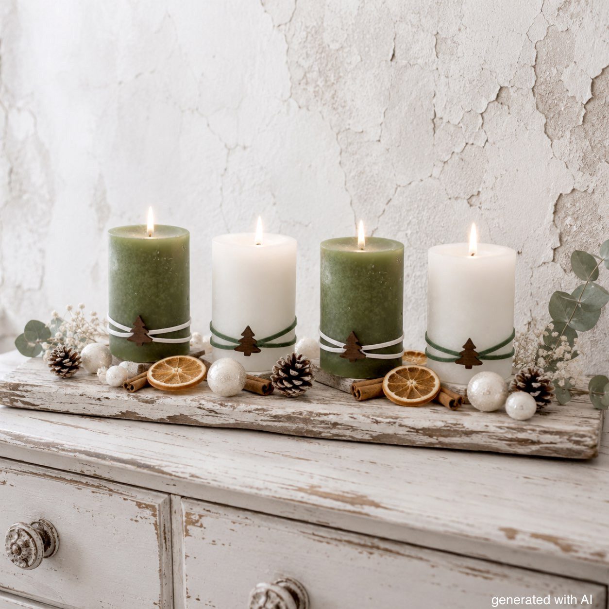 ZauberDeko Adventskerze Adventskerzen Stumpenkerzen Adventskranz Grün Creme Tannenbaum 4 Stück