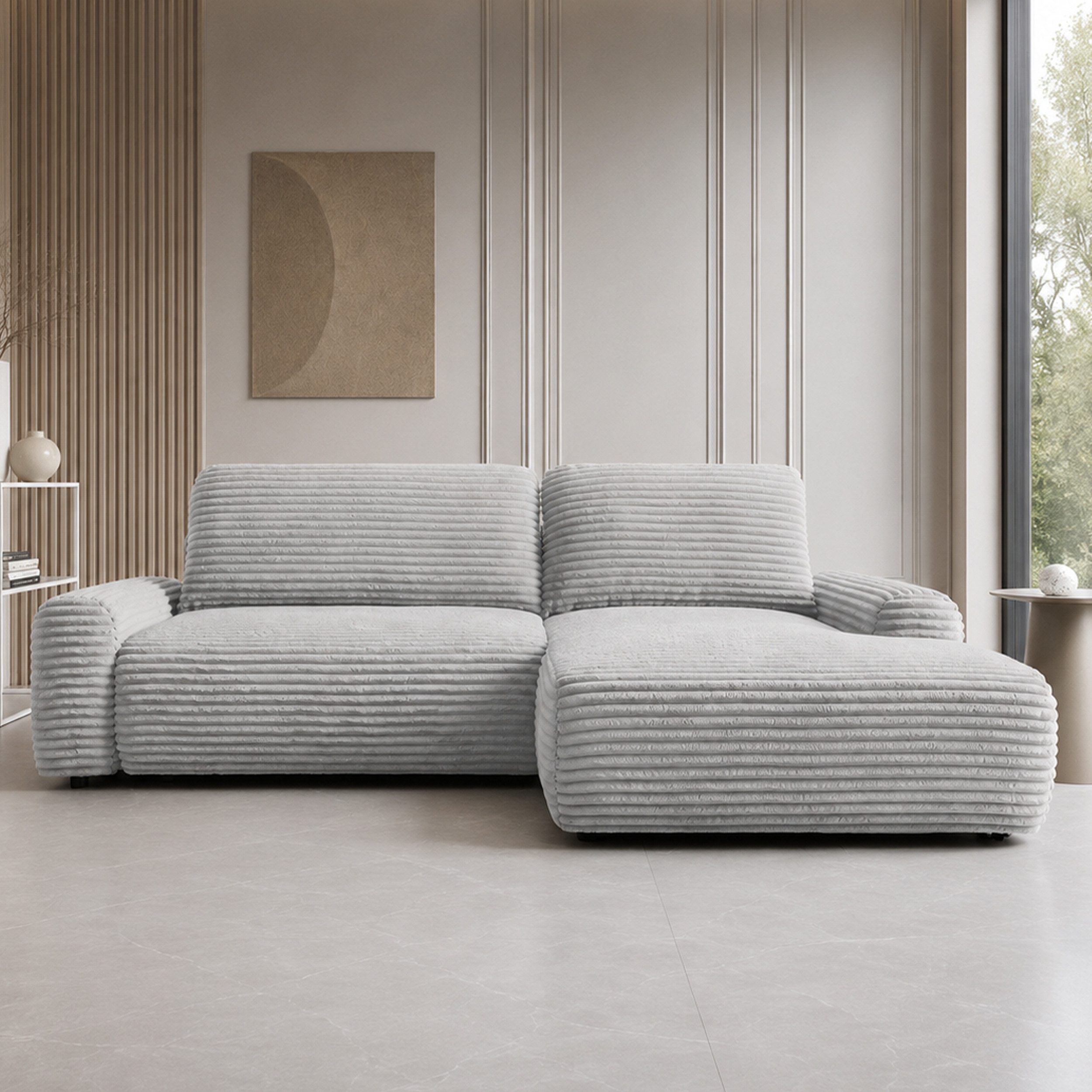 Goldstoff Ecksofa mit Schlaffunktion und Bettkasten, Hellgrau, Rechts