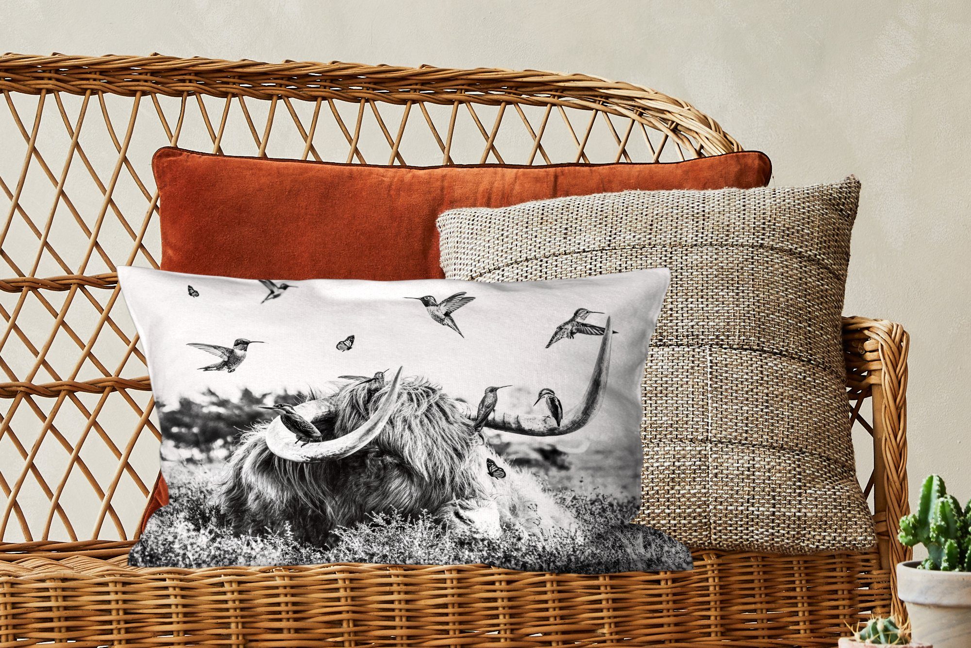 - Füllung, - Wohzimmer Highlander Schlafzimmer Vogel Zierkissen, Weiß, Dekoration, mit Schottischer Dekokissen - MuchoWow Dekokissen Schwarz