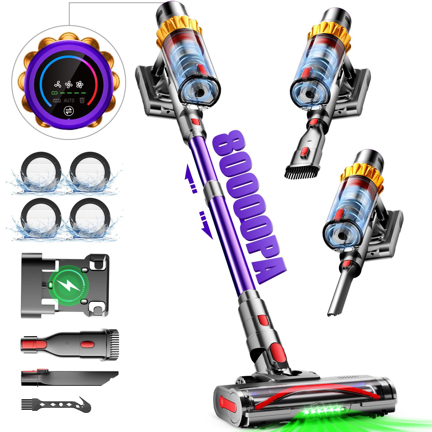 Adormii Akku-Hand-und Stielstaubsauger Akku Staubsauger 80000pa, Staubsauger Kabellos, 70Min/1,8L, beutellos, Smart LED-Display, grünem Licht, für Teppich, Hartböden, Tierhaare