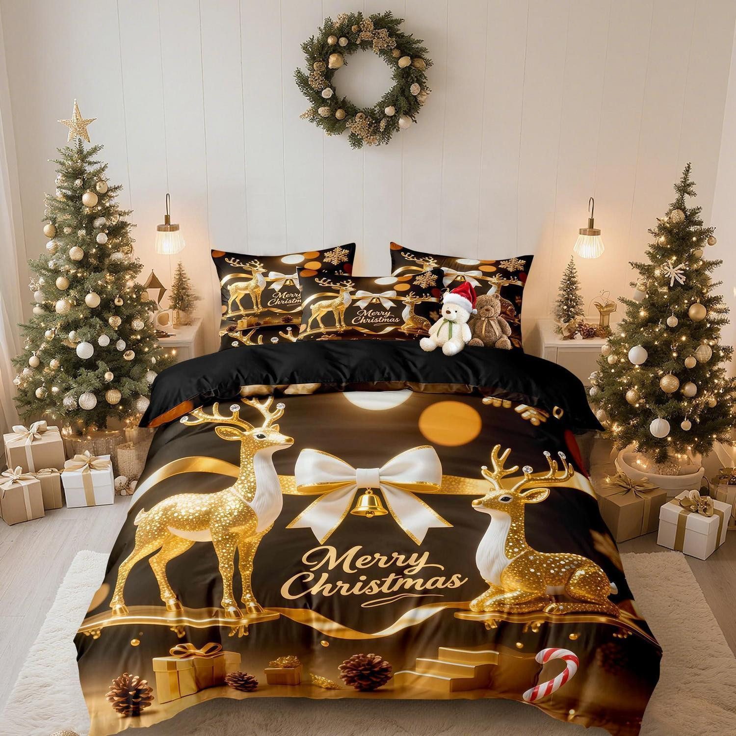 LuxusKollektion Jugendbettwäsche Bettwäsche 135x200 Weihnachten Hirsch Gold Schwarz Wendebettwäsche