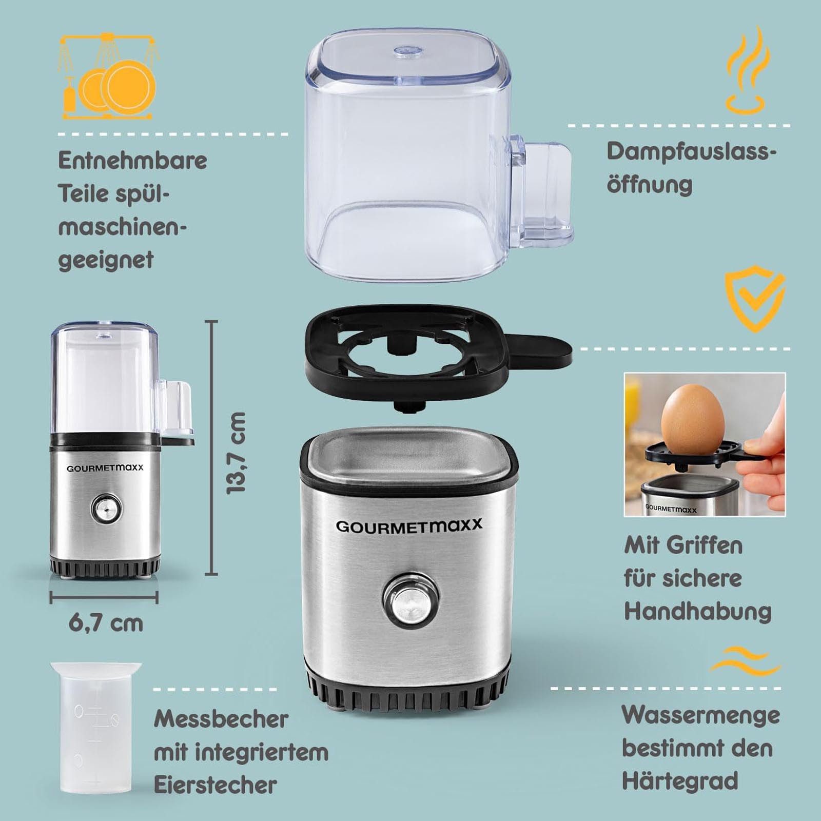 GOURMETmaxx Eierkocher Elektrischer Design Eier Kocher, Anzahl Eier: 1 St., 3 Härtegrade inkl. Messbecher und Eipicker