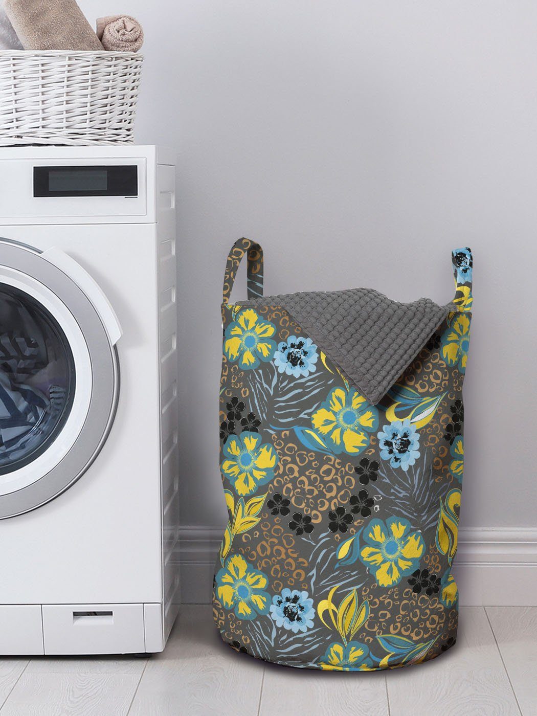 eingekreist Abakuhaus Details mit für Waschsalons, Griffen Wäschekorb Wäschesäckchen Kordelzugverschluss Abstrakt Blumen