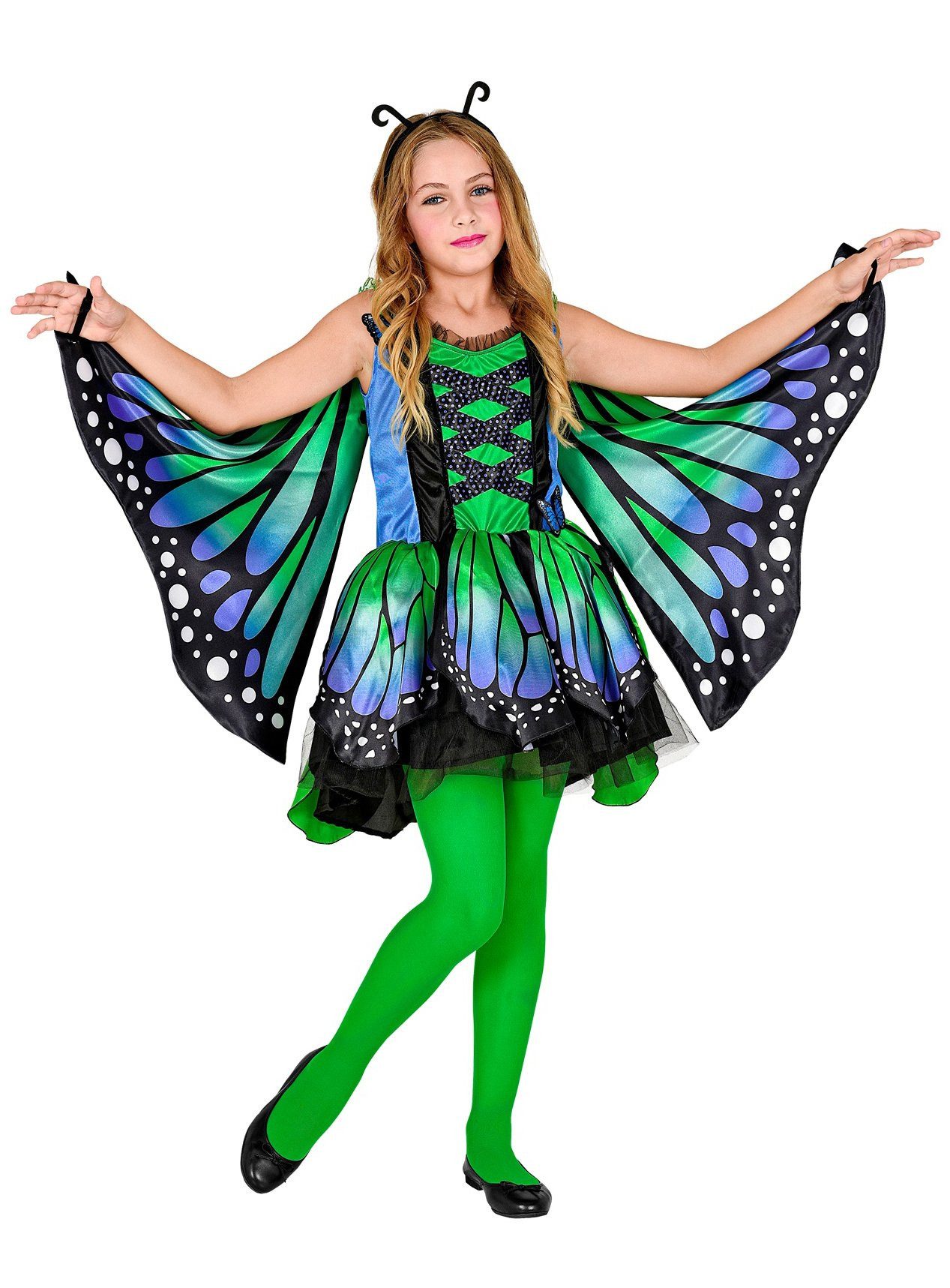 Widdmann Kostüm Schmetterling Kleid grün - Faschingskostüm Kinder, Blau-grünes Kostümkleid mit Stoff-Flügeln