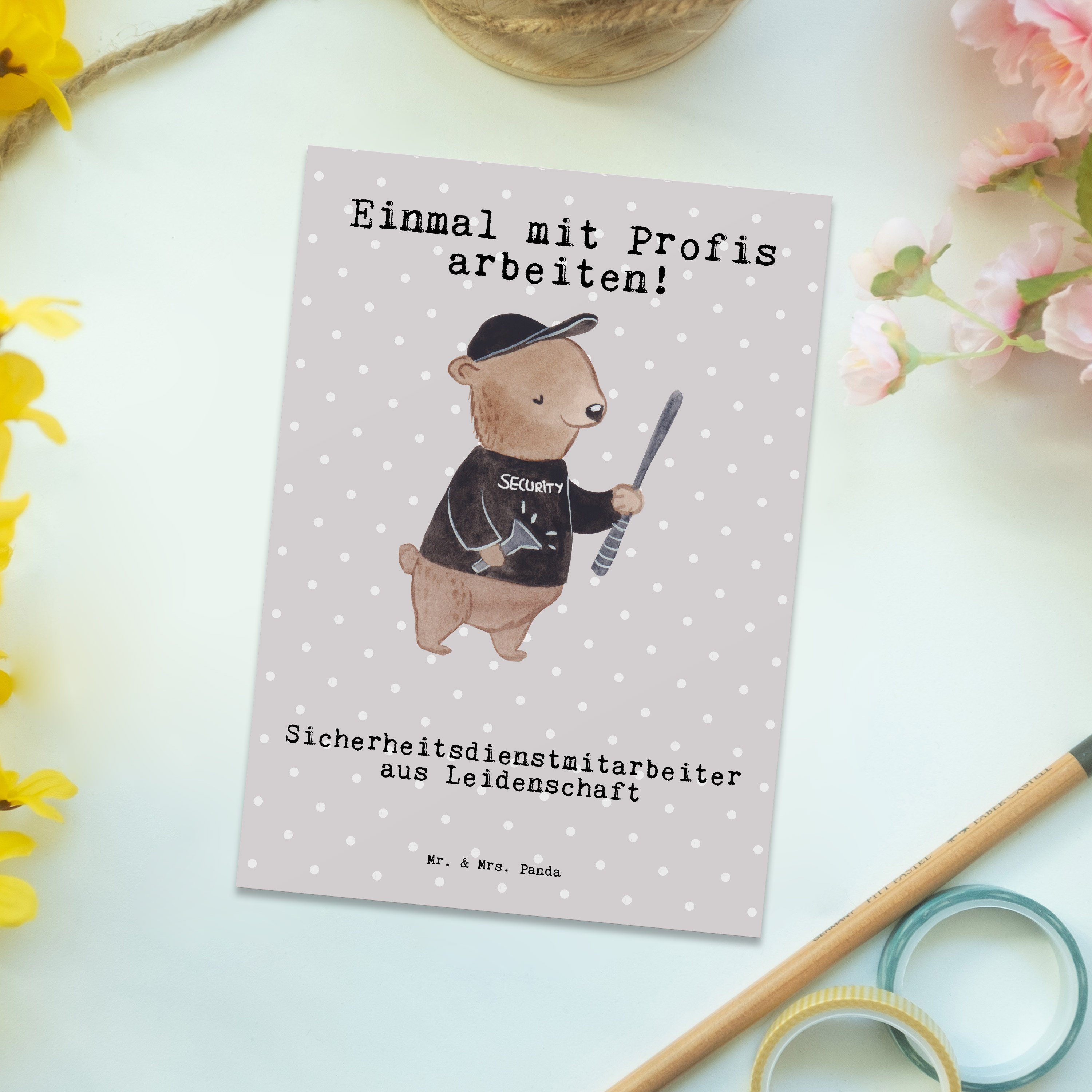 Postkarte - aus - Panda Mrs. Mr. Pastell & Leidenschaft Gesche Grau Sicherheitsdienstmitarbeiter