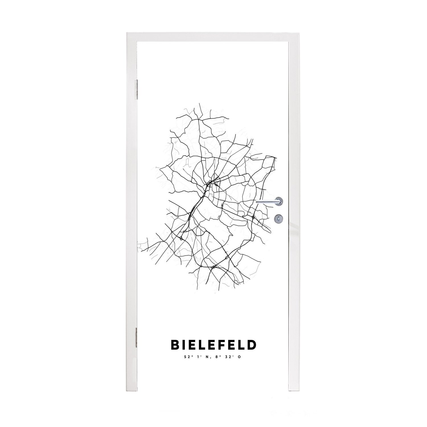Karte Türaufkleber, cm - St), MuchoWow Stadtplan Deutschland Schwarz-weiß - Matt, Karte, bedruckt, - für 75x205 (1 - Fototapete Türtapete Tür, Bielefeld -
