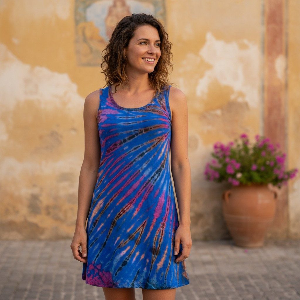 Guru-Shop Midikleid Batik Minikleid, Boho Tank-Kleid - blau alternative Bekleidung