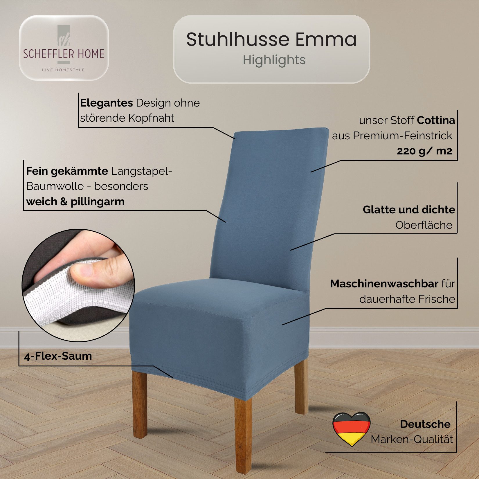 sh SCHEFFLER-HOME LIVE HOMESTYLE Stuhlhusse Moderner Stuhlbezug "Emma" aus elastischer Baumwolle Cottina, abnehmbarer & waschbarer Spannbezug für Stühle