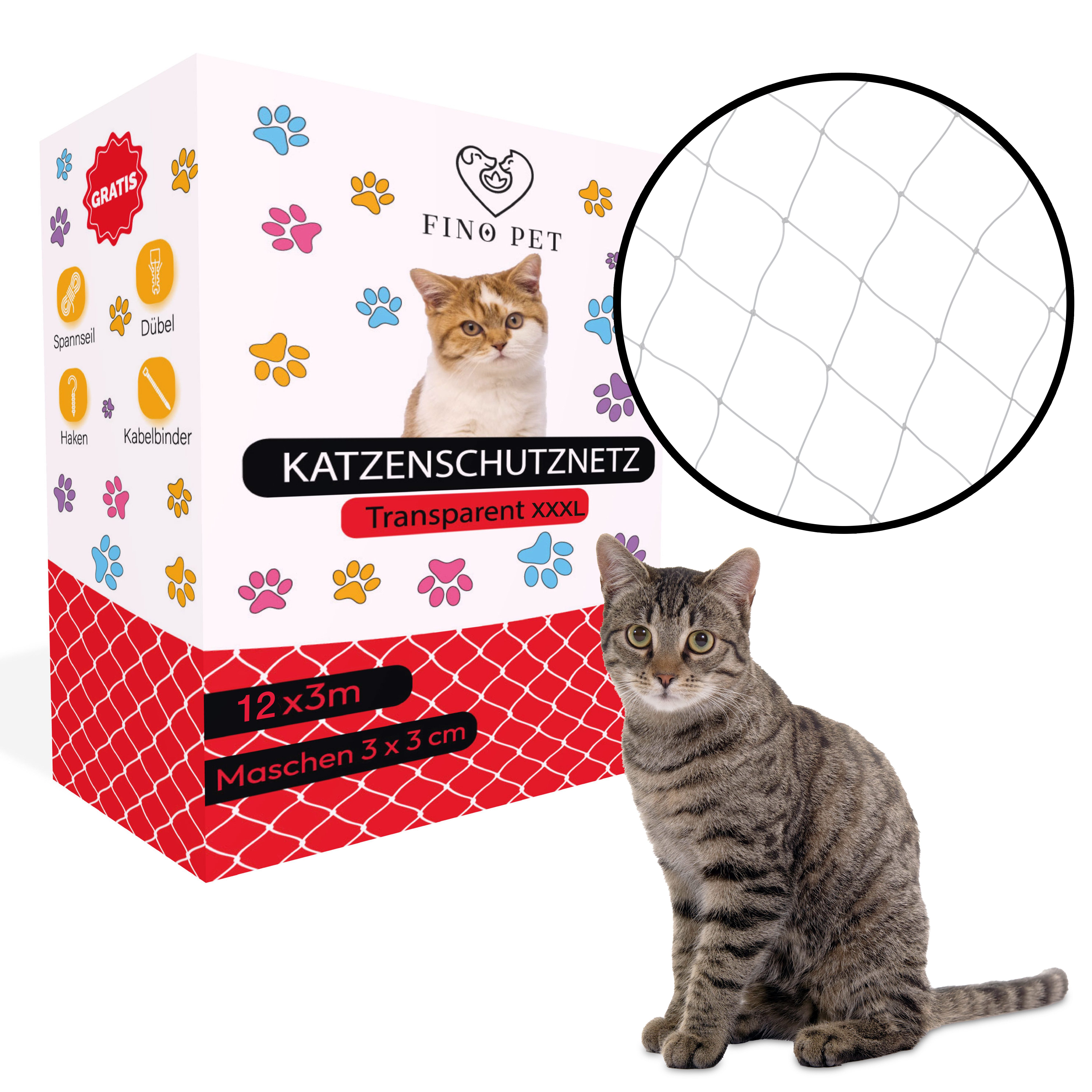 FinoPet Schutznetz Katzennetz für Balkon transparent inkl. Befestigungsmaterial, BxL: 12x3 m, (Balkon, Katzennetz, Katzen, bohren, Netz, Teleskopstange, Stange, Größe 12 x 3 Meter)