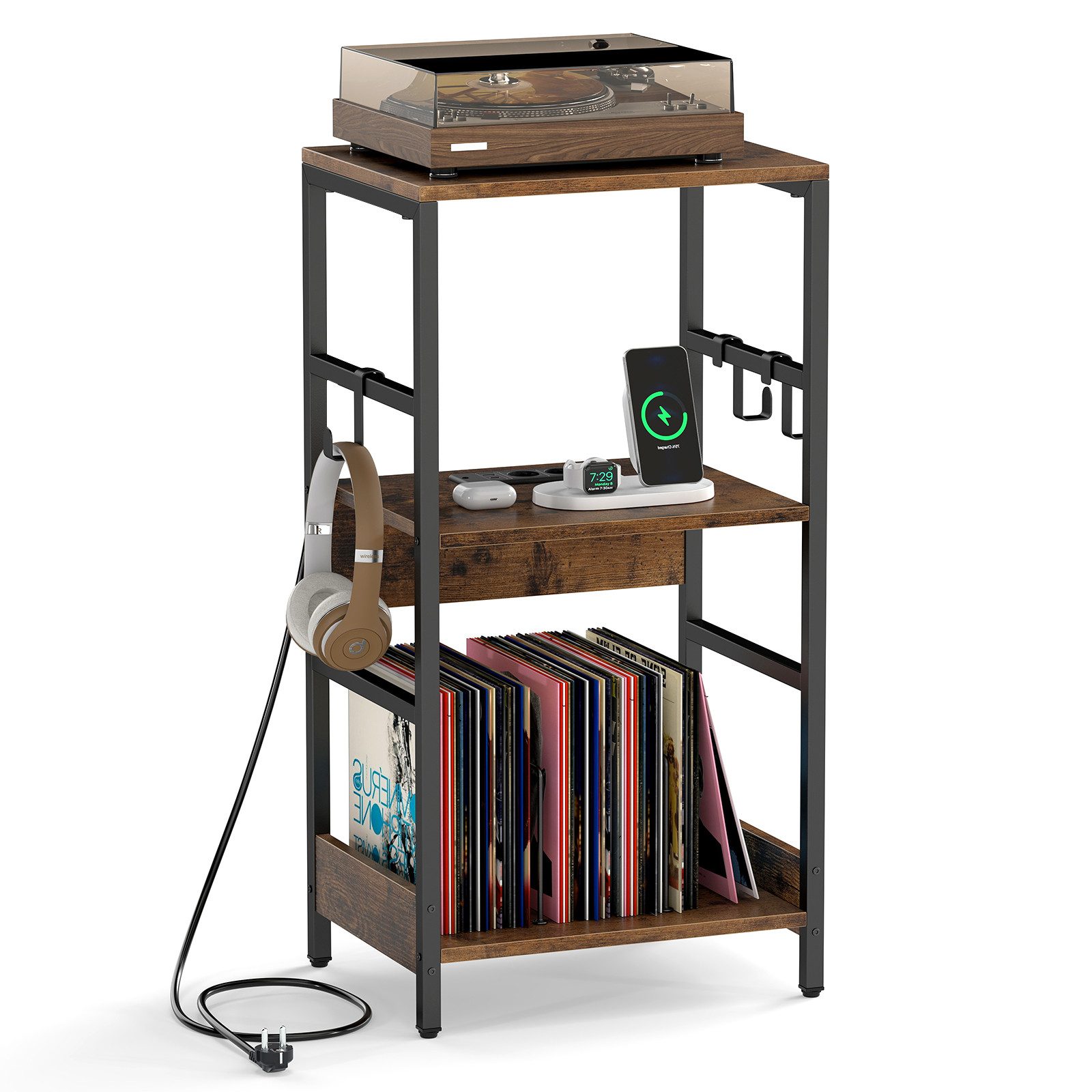 COSTWAY Sideboard, Plattenspielerständer mit Ladestation Nachttisch 40x30x78cm