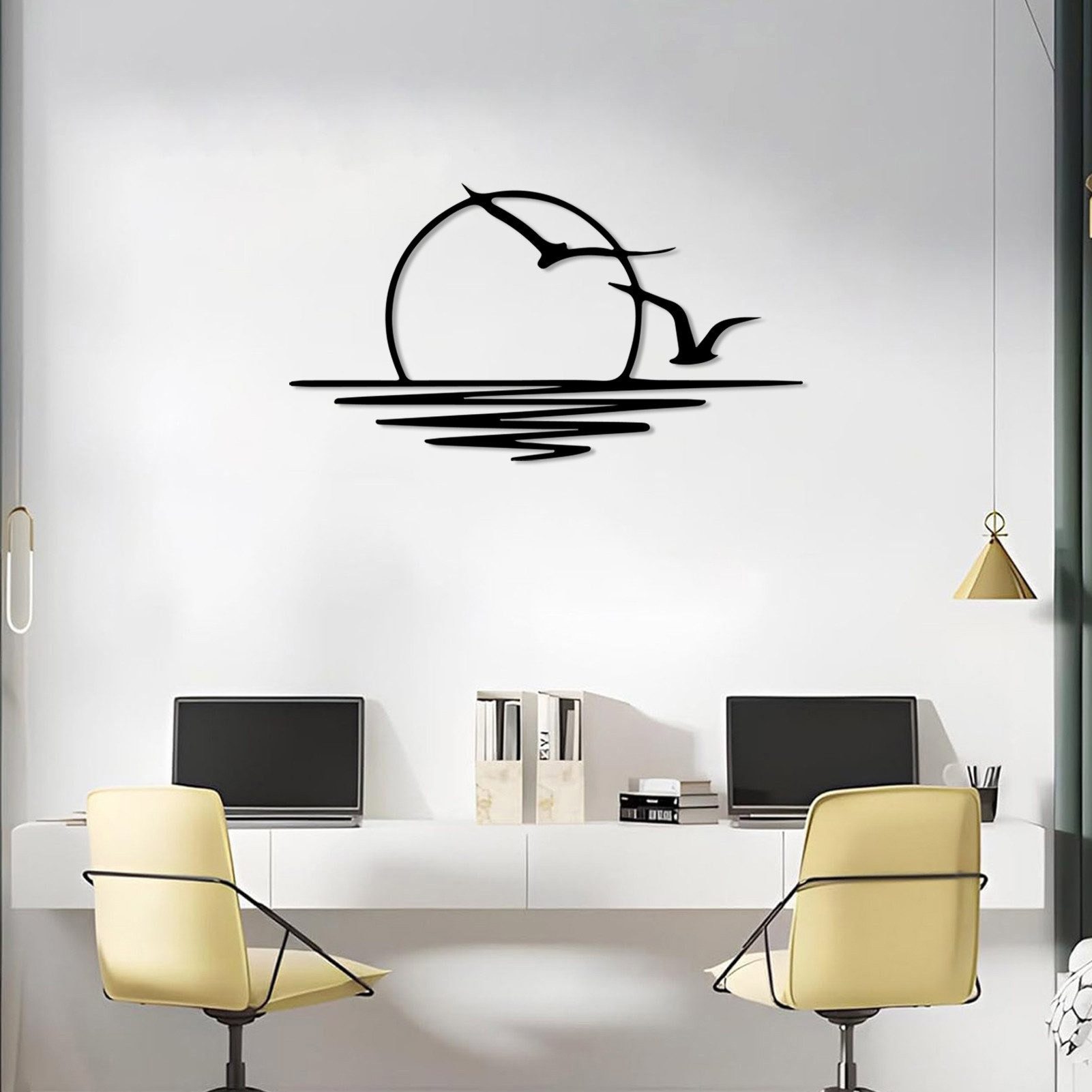 Jumpeak Wanddekoobjekt Sonne und Möwe Metall Kunst Wanddekor, Abstrakter Sonnenaufgang, Sonne, Metall,4 Farben,2 Modelle,Wanddekoration wohnzimmer,Linien