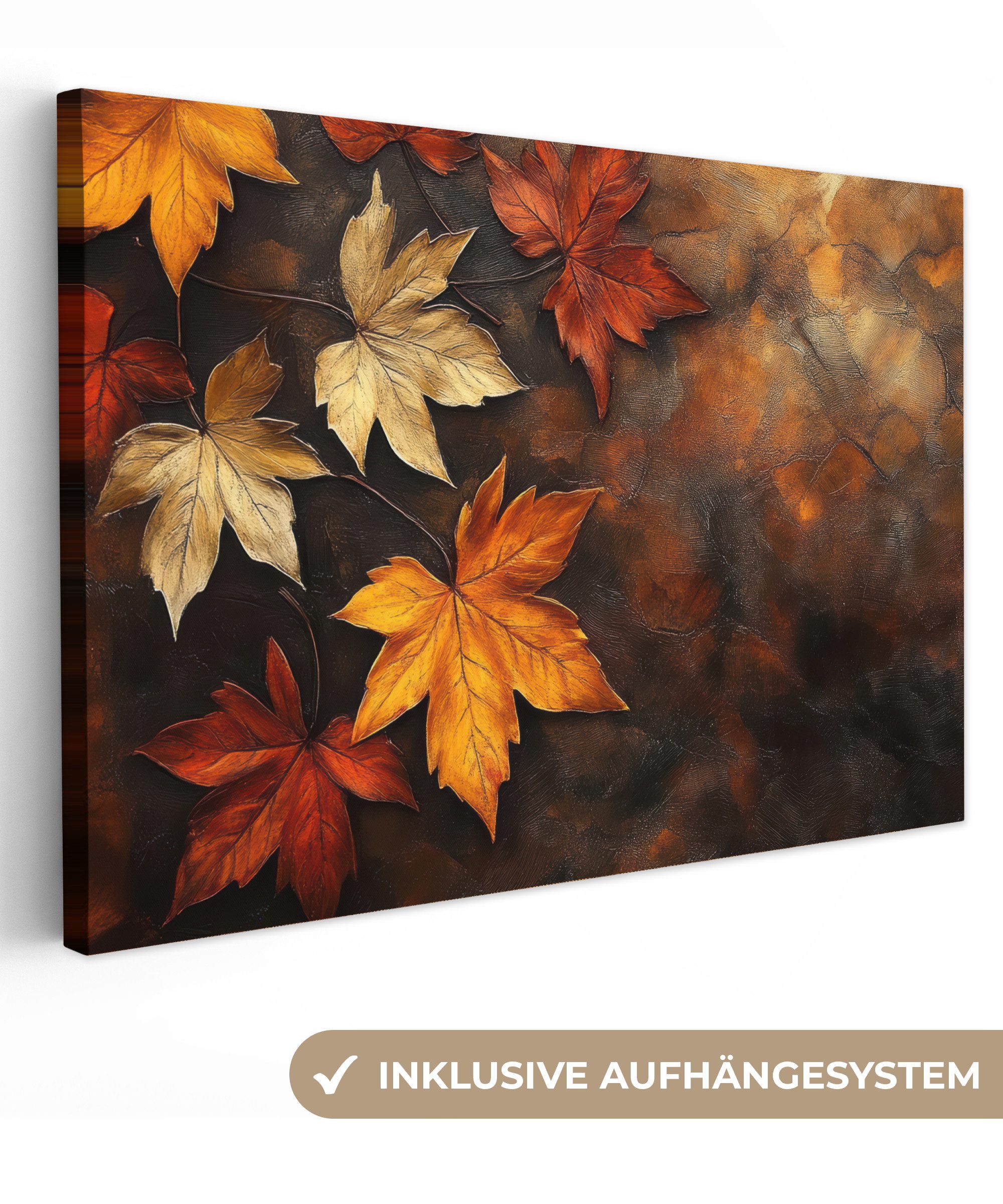 OneMillionCanvasses® Leinwandbild Herbstblätter - Braun - Orange Blätter - Herbstrot, Fotodruck (1 St), Leinwand Bilder Klein, Wand Dekoration Aesthetic 30x20 cm