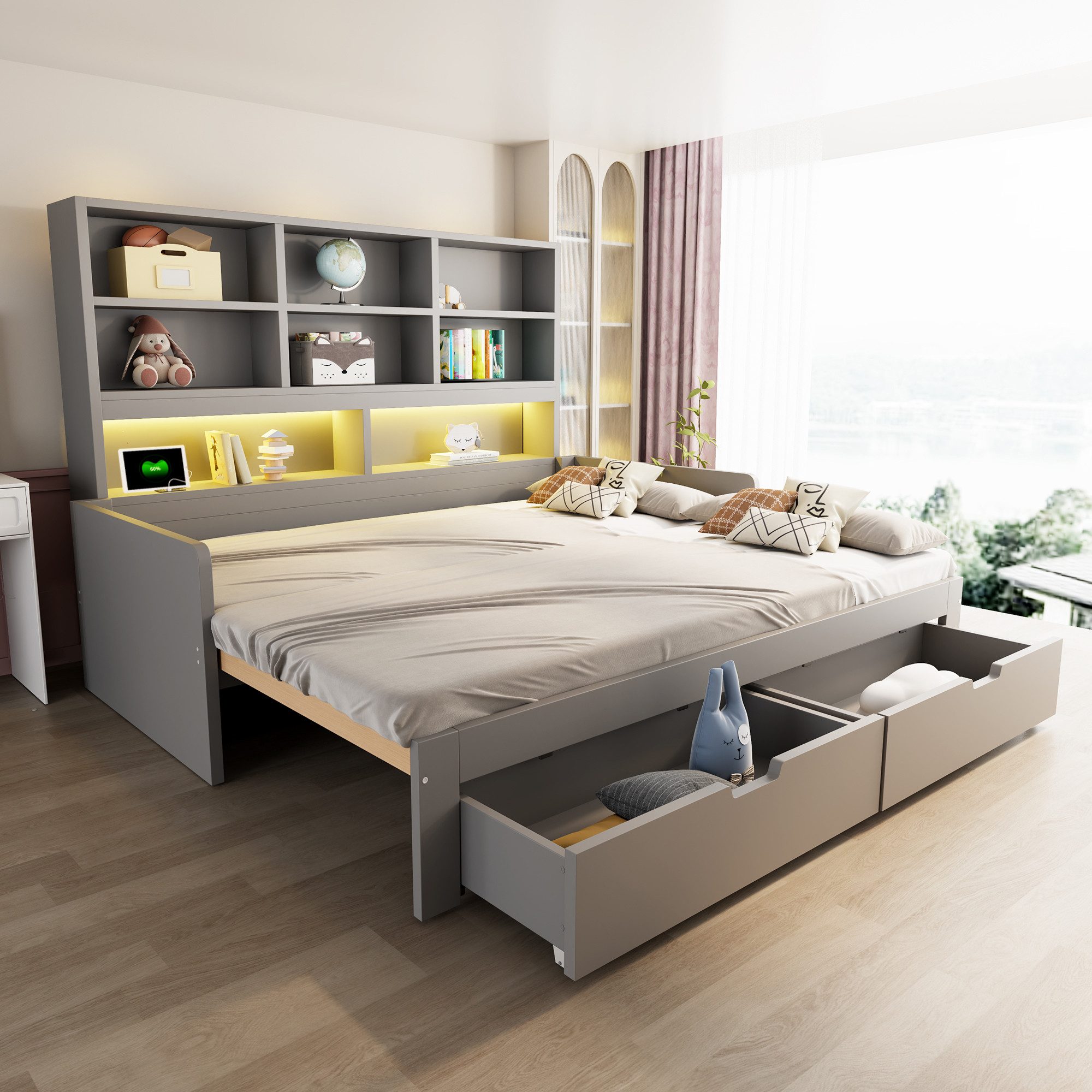 Merax Daybett 90x200cm/180x200cm mit LED-Beleuchtung und Steckdosen (Multifunktionsbett Holzbett Sofabett, 1 tlg), Jugendbett mit Ausziehbett, 2 Schubladen, Ablagefächern,Kopfteilregal