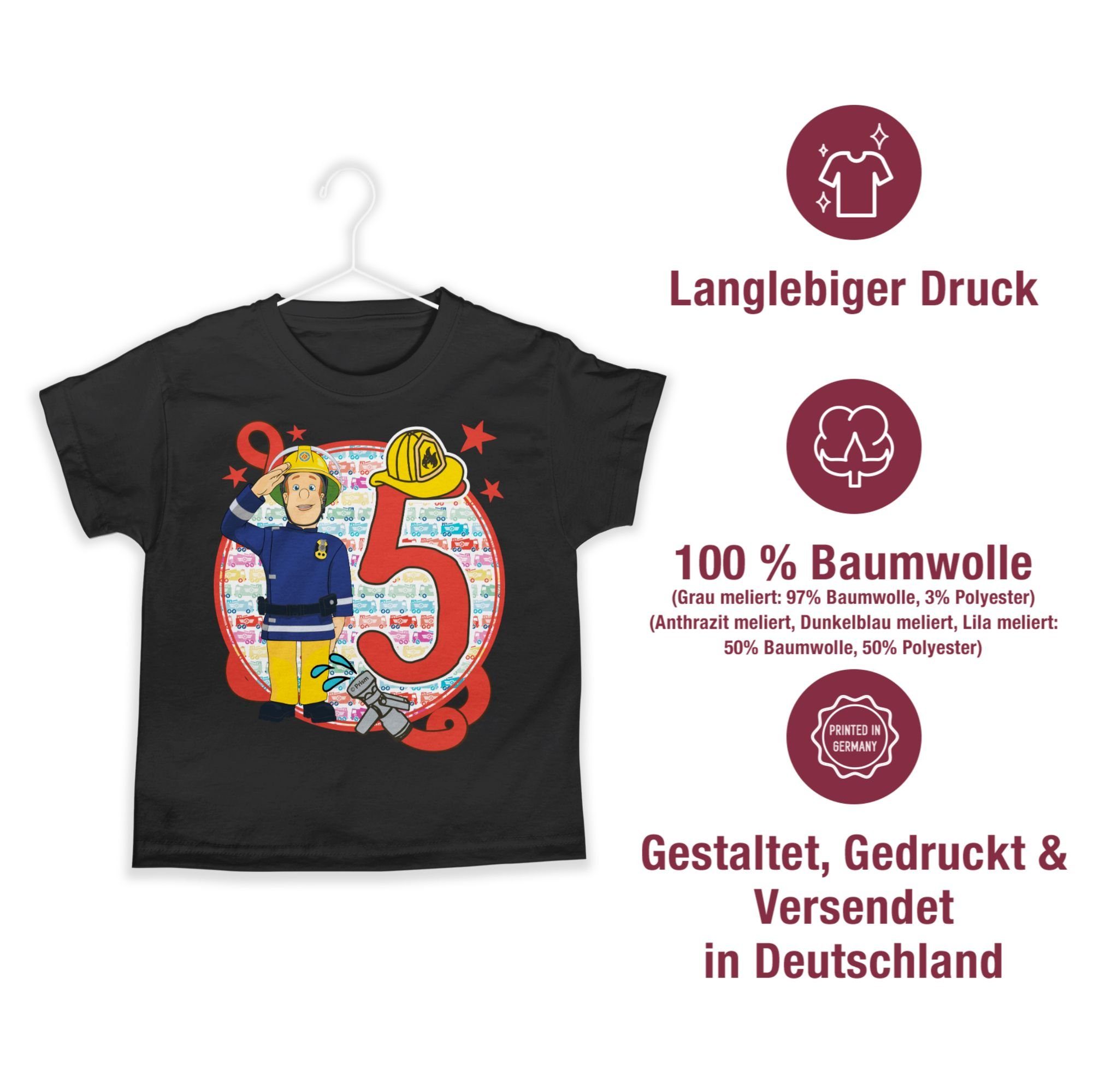 Sam 5. Schwarz Shirtracer T-Shirt Feuerwehrmann Geburtstag 03 Jungen