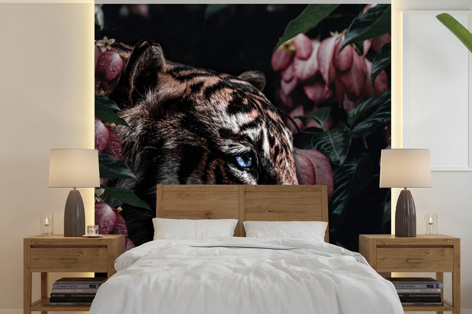 (5 - Tapete Pflanze, St), bedruckt, Vinyl Wandtapete Blumen MuchoWow Schlafzimmer, Wohnzimmer oder Matt, - Fototapete Tiger für