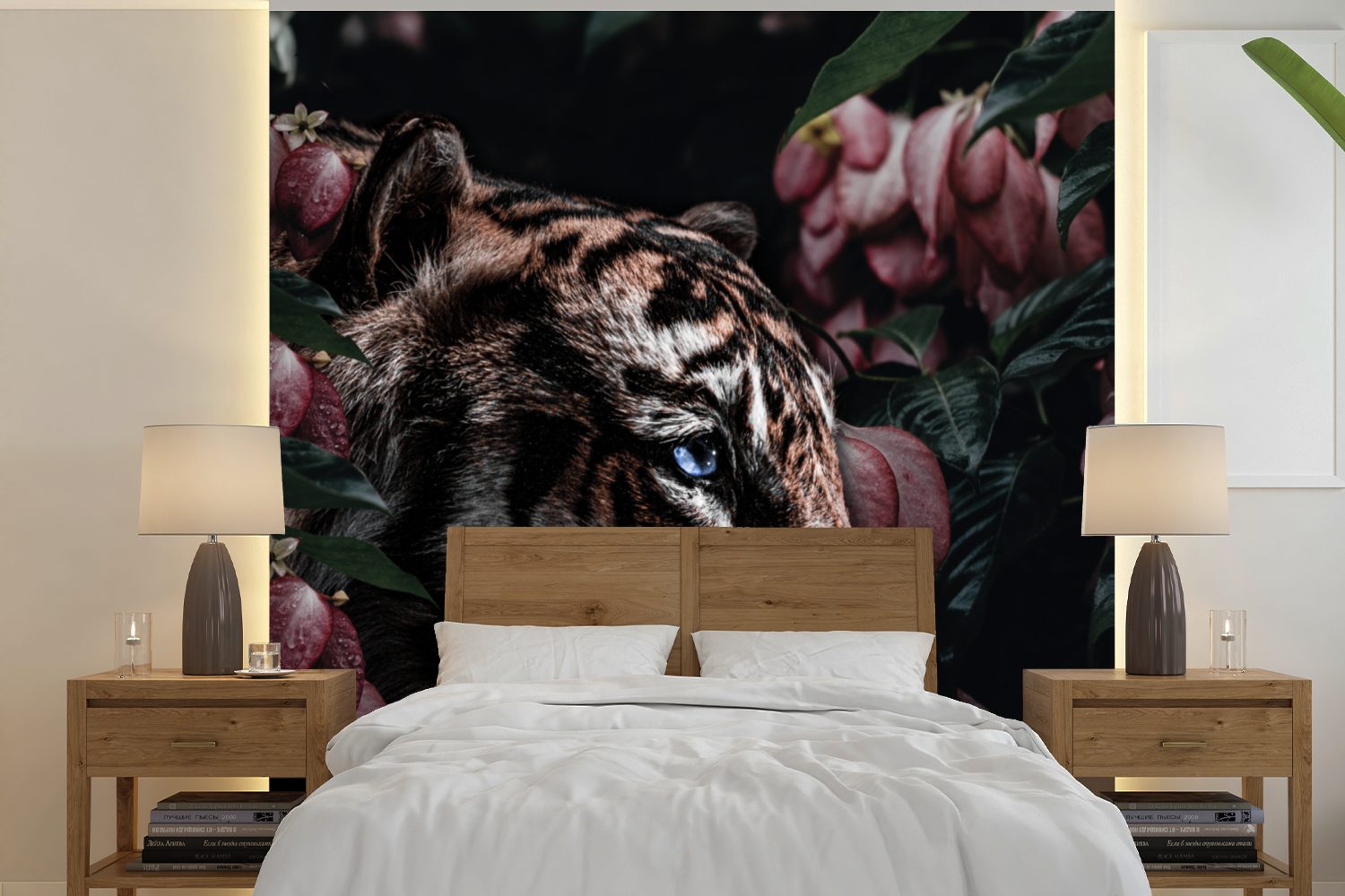 MuchoWow Fototapete Tiger - Blumen - Pflanze, Matt, bedruckt, (5 St), Vinyl Tapete für Wohnzimmer oder Schlafzimmer, Wandtapete