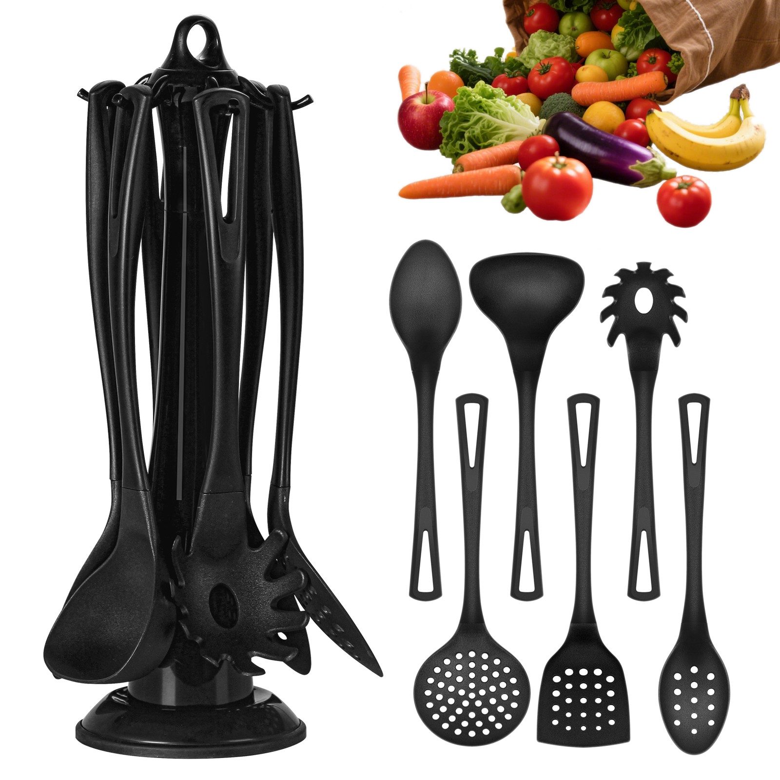 KAZUSHI Kochbesteck-Set 7-tlg Kochutensilien Küchenhelfer Antihaft Kochgeschirr mit Ständer (Set, 7-tlg., Сковородыwender Шумовки Spaghettilöffel 2 Ложки Suppenkelle), BPA-frei für Kochen Braten Schöpfen Mischen und Backen usw