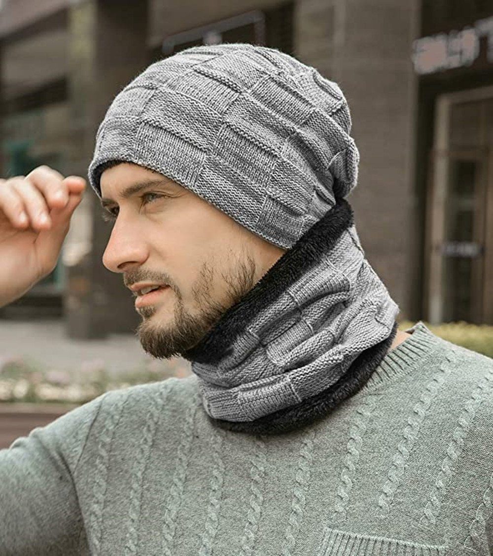 XDeer Mütze & Schal Wintermütze-Schal Set,Schlauchschal Mütze,für und mit Fleecefutter,Einheitsgröße Damen grau Beanie Herren Strickmütze,Wärme