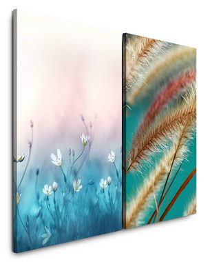 Sinus Art Leinwandbild 2 Bilder je 60x90cm Blumen Weiße Blüten Weizen Makro Frühling Blau